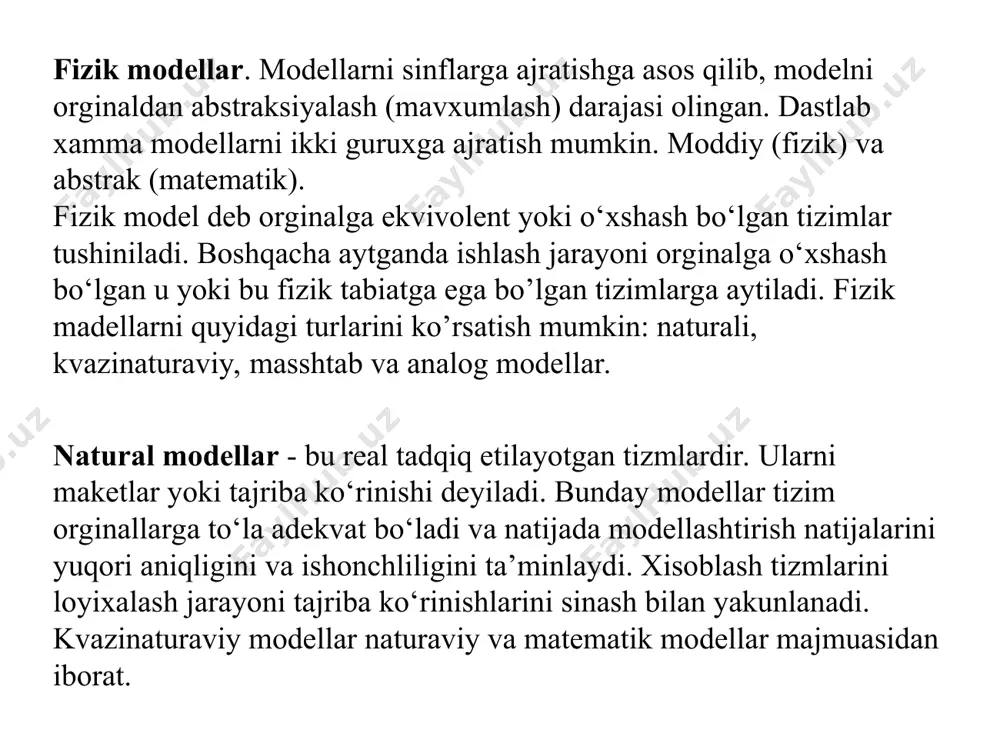 kelishlik bo‘lishi, xamda bu tizmlardagi jarayonlarni o‘lchamga ega bo‘lmagan matematik yozilishi ayniyat shaklida bo‘lishi zarur. analog modellarni yaratish uchun o‘rganilayotgan tizimlarni matematik tavsiflash zarur. analog modellar sifatida mexanik, gidravlik, pnevmatik tizimlar ishlatilishi mumkin. ammo ko‘pgina xollarda elektr va elektron analog modellar keng qo‘llaniladi. chunki tokni kuchi va kuchlanish boshqa tabiatga ega bo‘lgan fizik kattaliklar analogi bo‘ladi. analog modellarni asosiy xususiyatlari parametrlarni miqdoriy o‘zgarishi va o‘lchamlariga adaptatsiya (moslashtirish) qilinishi sodda va tezkordir. analog modellar xisoblash texnikasini vositalarini mantiqan elementlar va elektr zanjirlari satxida tadqiqot o‘tkazishda yoki tizim satxida tizimlar ishlashi, masalan: differensional yoki algebrik tengliklar yordamida yozilish satxida foydalaniladi. matematik modellar matematik model tizmini abstrakt tilda formal tavsiflashdan iborat. masalan, xususan tizimni ishlashini matematik ifodalar yordamida modelni yaratish uchun ixtiyoriy matematik vositalar - algebrik, differensial va integral xisoblash, to‘plamlar nazariyasi, algoritmlar nazariyasi va boshqalar ishlatilishi mumkin. mohiyati bo‘yicha xamma matematika ob’ekt va jarayonlarni modellarini yaratish va tadqiq etish uchun yaratilgan. modellashtirish …