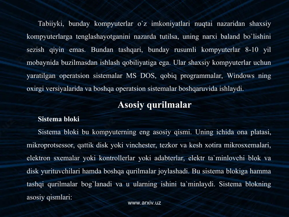 shamiz qo`shimcha qurilmalar sichkoncha amallarni tanlash qismi. sichqonchalar tugmalar soni (2 va 3 tugmali) va ishlash holatlari (trekbol va sensor panel) bo`yicha farqlanadi. www.arxiv.uz www.arxiv.uz printerlar ma`lumotlarni bosmaga chiqarish qismi. printerlarning lazer, matritsali (ignali) va sepuvchi turlari mavjud. ular har biri ishlash xolati, tezligi, bosmani sifati va narxi, hamda ranglar bo`yicha farqlanadi. modem ma`lumotlar bilan telefon aloqa orqali almashish qismi. modemlar tezligi (2400 bit sekunddan - 33600 bit sekundgacha) bo`yicha farqlanadi. telefonda hamma ma`lumotlar tovush holatida bo`ladi, kompyuterda esa raqamlar holatida. shuning uchun bitta modem raqamlarni tovush holatiga o`tkazadi, ikinchisi esa tovushlarni raqamlarga o`tkazadi. bu holat «modelirovanie» va «demodulirovanie» deb nomlanganligi uchun bu qurilmalar modem deb nomlangan skanerlar tasvir va matn ma`lumotlarini kompyuterga kiritish qismi. skanerlar rangli va rangsiz bo`ladi. ular tasvirlarni olish sifati bo`yicha farqlanadi. aktiv kolonkalar musiqa va xar xil tovushlarni chiqarish qurilmasi. aktiv kolonkalar dinamiklar soni (1 yoki 2 dinamikli) buyicha farklanadi. quyidagi sxemada kompyuterninig asosiy va …