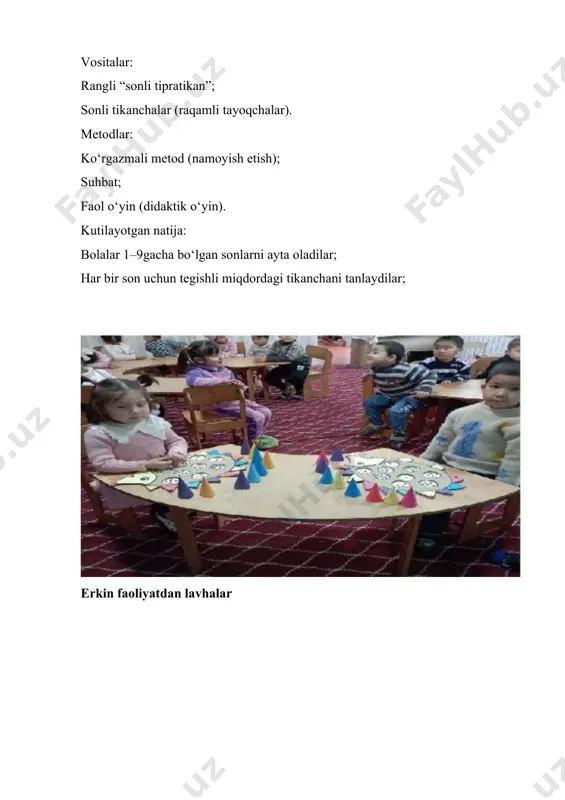 muammo: bolaning sonlarni eslab qolishda qiynalishi tavsiyalar: uyda raqamli kartochkalar bilan o‘yinlar o‘ynash, kundalik faoliyatda raqamlarni tilga olish (masalan: 2 ta olma olib kel) 4. kun yakuni bo‘yicha refleksiya bugungi kundagi faoliyatlar bolalar uchun o‘ta qiziqarli va o‘rgatuvchi bo‘ldi. elementar matematika mashg‘ulotida bolalar didaktik o‘yinni katta qiziqish bilan bajardilar. ular sonlarni to‘g‘ri aytishni mashq qilishdi, “tipratikan”ga mos sonli tikanchalarni qo‘yish orqali miqdor va son o‘rtasidagi bog‘liqlikni tushundilar. shuningdek, erkin faoliyatda mozaika yasash orqali bolalarning badiiy-estetik didi, mayda motorikasi va ijodkorligi rivojlandi. yutuqlar: darsga bo‘lgan qiziqish oshdi. ko‘pchilik bolalar son-miqdor mosligini to‘g‘ri tushundi. ijodiy faoliyatda mustaqillik ko‘rsatildi. kamchiliklar: ba’zi bolalar o‘yin qoidalarini to‘liq tushunmadi. har doimgidek faol bo‘lmagan 2 nafar bola ishtirokida sustlik sezildi. nima uchun? bu holat ayrim bolalarning ertalabki kayfiyati past bo‘lishi bilan bog‘liq bo‘lishi mumkin. kelgusi mashg‘ulotlarda bolalarni yanada faollashtirish uchun ko‘proq rag‘batlantirish usullaridan foydalanaman. image1.jpg image2.jpeg image3.jpeg