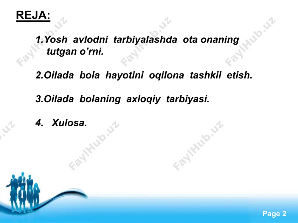 ka boshlaydi, yovuzlik esa jahannamga. rostgo`y odamga yaxshi baho, yomon odamga yomon baho beriladi. free powerpoint templates page zero ota-onaning mehr-muhabati,chinakam hurmati bolalarda eng go`zal axloqiy tuyg`ularni, ayniqsa qadryatni his qilishda yordam beradi. bu esa unda kattalar orasida ham kamyop bo`lib qolgan insoniylik sifatlardan hisoblanadi. bolaning kelajakda qanday inson bo`lib yetishishi ko`proq ota-onasi va o`z oilasiga hamda unda tarkib topgan muhitga bog`liq.’’bola ota-onasidan qayerga ortib boradi” degan gap ayni haqiqat. demak, farzandlar ota-onalarini davomchilaridir. yusuf xos xojib “oiladagi” eng ulug` fazilat ezgu qiliq va go`zal hulqdir. ikkinchisi rostlik, uchinchisi hayot hisoblanadi. mana shu uch fazilat birlashsa kishi baxtiyor bo`ladi, qut iqbol uning huzuriga bosh urib keladi.chunki kishining hulqi go`zal bo`lsa uni barcha xalq sevadi.”xulqi yuz bo`lgan kishiga to`rdan joy tegadi” - degan edi. free powerpoint templates page oilada bola tarbiyasi xususida gapirilganda yuqorida eslatib o`tganimizdek, uning asosiy manbasi muhabbat, ishonch, o`zaro hurmatni tashkil qiladi. xech kimga sir emaski oilaning ko`rki …