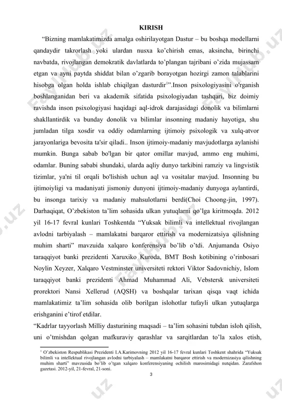 limizni davom ettirishni, fidoyilikni, bir yoqadan bosh chiqarib, birdamlik bilan harakat qilishni, kurashishni talab etadi. hech shubhasiz aytish mumkin – bugungi kunda ona yurtimizda dunyodagi boshqa mamlakatlarning havasini tortayotgan zamonaviy ta’lim va tarbiya tizimi, o’quv maskanlari barpo etilgan. bolalarimiz to’qqiz yillik umumta’lim maktablarini bitirib, qishloq va shaharlarimizda yangitdan qurilgan 1500 dan ziyod eng zamonaviy litsey va kollejlarda 3 yil davomida tahsil oladi. bu o’quv yurtlari eng ilg’or ilm-fan va taraqqiyot sirlarini o’zlashtirishga, 2-3 ta kasb hunarni, xorijiy tillarni, internet va axborot-kommunikatsiya texnologiyalarini puxta egallashga imkon yaratadi va bugungi zamon talabiga javob beradigan etuk mutaxassislarni tayyorlaydi . mavzuning dolzarbligi. shu nuqtai-nazardan har bir inson o’zida tarixiy, ijtimoiy, madaniy-milliy ko’rsatgichlarni mujassamlashtiruvchi tarbiyaning mahsulidir. modomiki, o’rganilayotgan xorijiy tilning og’zaki va yozma nutqini tahliliy tadqiq qilar ekanmiz, o’sha tilda so’zlashuvchi xalqning tilidagi so’zlarning ma’lum qismi shakl yoki ma’nosiga ko’ra o’zaro aloqador birlikni tashkil etadi. bunday birliklarni tahliliy o’rganish muhim ahamiyat kasb etadi. shu jihatdan …