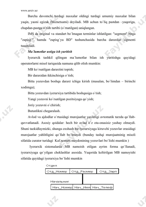 alit – atributlarning minimal to`plami, uning qaymati yordamida kerakli mohiyat nusxasini topish mumkin. “raspispniye” mohiyati samolyotlar uchishi uchun kalit “nomer reysa” yoki “punkt otpravleniya”, “vremya vleta” va “punkt naznacheniya” to`plam bo`ladi. aloqa – ikki yoki undan ortiq mohiyatlarning (assotsiyasidir) bir biri bilan o`zaro bog`lanishidir. agar ma`lumotlar bazasini faqat bir biri bilan bog`lanmagan ma`lumotlar bilan to`ldirishga yo`naltirilsa, u holda uning strukturasi juda oddiy bo`ladi. lekin, mbni tuzishning asosiy talablaridan biri – bu boshqa mohiyat qiymati bo`yicha bitta mohiyatni izlab topish imkoniyatini taominlashdir. buning uchun ular orasida aloqani aniqlashni tashkil etish zarur. real ma`lumotlar bazasida yuzlab yoki minglab mohiyatlar bir biri bilan millionlab aloqa o`rnatishi kamdan-kam bo`ladi. bunday aloqalar to`plami infomantiqiy modelning murakkabligini aniqlaydi. аdabiyotlar: 1. karimov a “microsoft access bilan dastlabki tanishuv”tdyui 2005 2. anatoliy xomokenno “microsoft access 2002” ekspress kurs peterburg 2005. 3. “uchebnik po access” sostavitelg`. djalilov m.l. tatu ff-2006 4. a. xomokenno i dr. “baza dannix” uchebnik sank-peterburg …