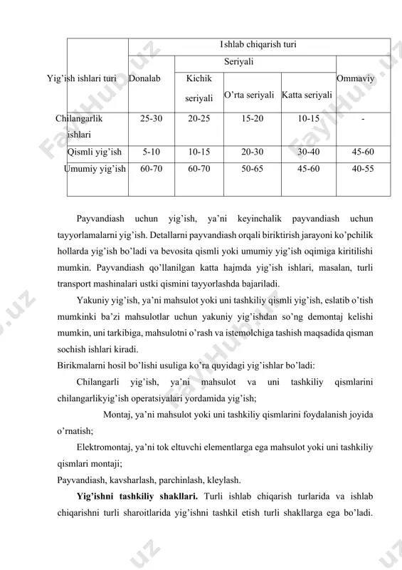 yoni qo’llaniladi. bu usulni afzalliklariga quyidagilar kiradi: -asosiy asos detalni o’zgarmas holatini saqlab qolinishi, bu yig’ilayotgan mahsulotni yuqori aniqligiga erishishga hizmat qiladi; -universal texnologik vositalarni (moslama va asboblar) qo’llanilishi, bu ishlab chiqarishni davomiyligini va narxini qisqartiradi. bu usulni kamchiligi quyidagilardan iborat: -ketma-ket bajarilayotgan yig’ishni umumiy siklini uzunligi; -har qanday yig’ish operatsiyasini bajara oladigan yuqori malakali ishchilarga ehtiyoj bo’lishi; -katta yig’ish stendiari va baland yig’ish binolariga ehtiyoj bo’lishi. turg’un qo’zg’almas yig’ish usuli asosan donalab va kichik seriyali ishlab chiqarishlarda (og’ir mashinasozlik, energomashinasozlik va hakozolar) ishlatiladi. yig’ish ishlari bo’laklashtiriladigan nooqim turg’un yig’ish jarayonini qismli va umumiy yig’ishga differensiyalashni nazarda tutadi. har bir yig’ma birliklar va umumiy yig’ish bir vaqtda turli va qo’plab yig’uvchilar tomonidan bajariladi. yig’ilayotgan mashinalar bir stendda harakatsiz qoladi. bunday tashkil etilishida yig’ish jarayoni vaqti keskin qisqaradi. bu usulni afzalliklari quyidagilardan iborat: -yig’ishni umumiy siklini davomiyligi keskin qisqaradi; -ayrim yig’ish operatsiyalariga ketadigan mehnat sarfi, qismlarni yig’ish ishchi joylarini ixtisoslashuvi, ishchi-yig’uvchilarni …