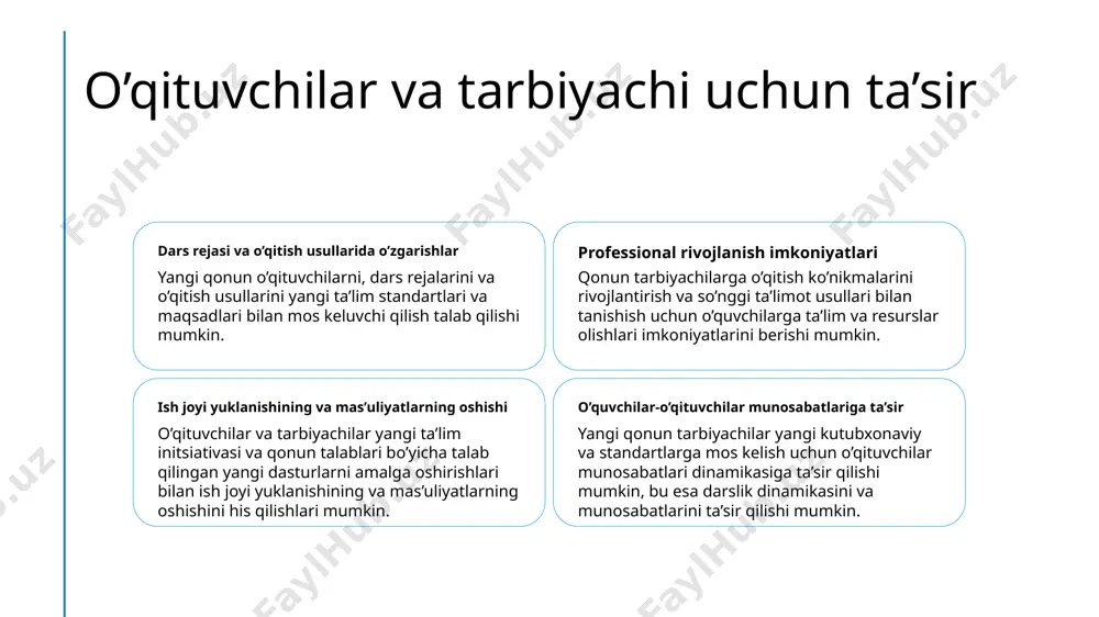 ni, masalan, kechki darslar dasturlari, mentorlik imkoniyatlari va mahalliy bizneslar bilan hamkorlik qilish orqali resurslar taqdim etish orqali qo'llab-quvvatlay oladi, shuningdek o'quvchilar uchun o'rganish tajribalarini kuchaytirish. ota-onalar va jamoat ta'limda faol qatnashilsa, o'quvchilar akademik faoliyatlarida motivatsiyalanadi, qatnashadi va muvaffaqiyatli bo'ladi. maxsus ehtiyoj va murakkab o'quvchilarni muvofiqlash shaxsiy ehtiyojlar tushunish o'qituvchilar har bir talabaning unikal talablari, masalan, jismoniy qobiliyatlarning chegaralari, o'rganish muammolari yoki til boshiqqa qarshi,ni aniqlash uchun baholashlari kerak, shunda o'quvchiga moslashtirilgan qo'llab-quvvatlash ta'minlashi lozim. ijtimoiy ta'lim usullari visual yordamchilar, guruh faoliyatlar va farqli o'quv usullarini amalga oshirish, barcha talabalar faol ishtirok etish va samarali o'rganishlari ta'minlanadi. erishtalik o'rganish materiallari audio yozuvlar, braille kitoblar yoki tarjima qilingan manbalardan foydalanish, murakkab o'quvchilar o'rganishga va ta'limga qatnashishlari ta'minlanadi. qo'llab-quvvat xizmatlari bilan hamkorlik maxsus ta'lim mutaxassislar, til mutaxassislari va boshqa qo'llab-quvvat xizmatlari bilan ishlash, murakkab o'quvchilar ehtiyojlari uchun qo'shimcha manbalarni va ko'nikmalarini ta'minlashga yordam beradi. ta'limda sifat va barqarorlikni ta'minlash 1 2 3 …