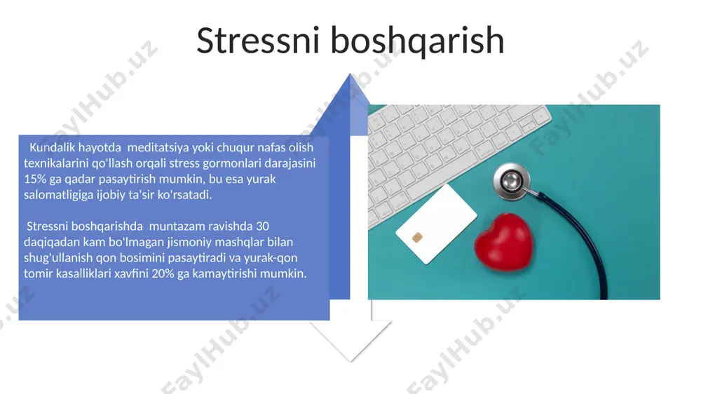 geal ekokardiografiya (tee) odatdagi trans torakal ekokardiografiyaga qaraganda yuqori aniqlikdagi tasvirlarni beradi va odatda 95% dan yuqori aniqlik bilan yurakdagi kichik tuzilmalarni, shu jumladan tromblarni aniqlay oladi. jarrohlik amaliyotlari klapan ekish jarrohlik amaliyoti, mitral yoki aortik klapanlar disfunksiyasi bo'lgan bemorlarda yurak chiqishi va umumiy hayot sifatini yaxshilash uchun 80% dan ortiq muvaffaqiyatga erishadi. jarrohlik amaliyotlari, masalan, koronar arteriya shuntingi, yurak yetishmovchiligida 50% dan ortiq bemorlarda o'lim xavfini kamaytirishi isbotlangan. profilaktika choralari qon bosimini va qondagi shakar miqdorini muntazam tekshirtirish, 40 yoshdan oshganlar uchun yillik tekshiruvlar zarur, bu erta tashxis qo'yish imkonini beradi va o'lim xavfini 20% ga kamaytirishi mumkin. sog'lom ovqatlanish, xususan, to'yingan yog'lar va xolesterin miqdorini kamaytirish, meva-sabzavotlar iste'molini kuniga 5 porsiyadan kam bo'lmagan miqdorda oshirish yurak sog'lig'ini yaxshilaydi. e'tiboringiz uchun rahmat @taqdimot_robot image4.jpg image5.jpg image6.jpg image7.jpg image8.jpg image9.jpg image10.jpg image11.jpg image12.jpg image13.jpg image14.jpg image15.jpg image16.jpg image17.jpg image3.png image18.jpg image19.jpg image20.jpg image1.jpeg image2.jpeg
