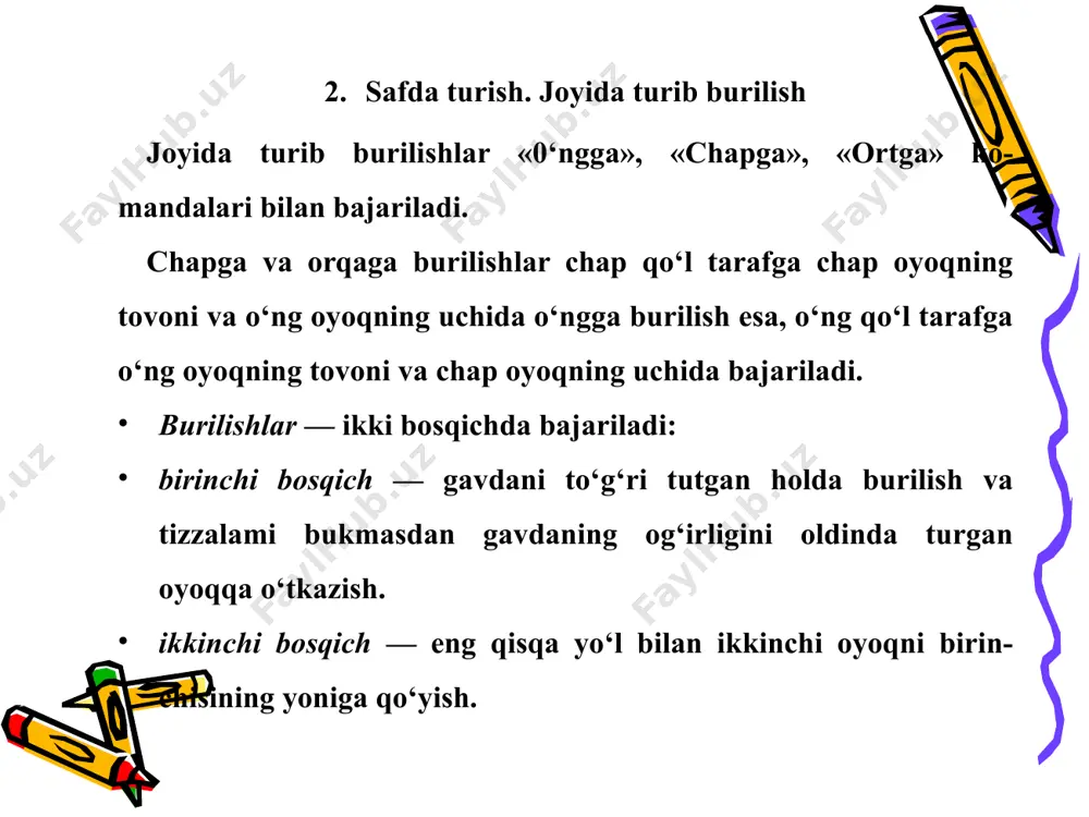 manda beriladi. komanda berilgach, yugurganicha yana ikki qadam taslilanadi va chap oyoqdan yurib harakat qihsh boslilanadi. turgan joyda yurish «joyingda qadam tashla» komandasiga binoan amalga oshiriladi. 136-rasm. a—shaxdam qadam tashlash; b—shaxdam qadam tashlashning to‘g‘ridan ko‘rinishi; d—joyida qadam tashlash 137-rasm. bosh kiyim yechilgan holatda: a — furajkada; b — beretkada; d — telpakda. yurishdan yugurishga o‘tish uchun dastlabki komanda bo‘yi- cha qo‘llar yarim bukiladi, tir- saklar biroz orqaga olinadi. dar- rov bajariladigan komanda chap oyoq yerga qo'yilishi bilan beriladi. ushbu komandaga ko‘- ra, o‘ng oyoq oldinga qo‘yilib, chap oyoqda yugurib harakat qilish boslilanadi. yugurishdan yurishga o‘tish uchun «qadam tashla» komandasi beriladi. 0‘ng oyoq yerga qo‘yilishi bilan bir vaqtda darrov bajariladigan ko­manda beriladi. komanda be- rilgach, yugurganicha yana ikki qadam taslilanadi va chap oyoq- dan yurib harakat qihsh boslilanadi. turgan joyda yurish «joyingda qadam tashla» komandasiga binoan amalga oshiriladi. ushbu komanda berilganda oyoqlar yerdan 15—20 sm ko‘tariladi va tovonni uclii yerga tekis …