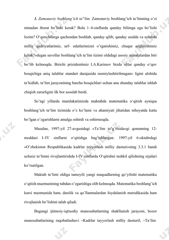 bo’lib, uning ma‘nosi ―fanlarni bilish‖ demakdir. matematika fanining o’rganadigan ob‘ekti fazoviy shakllar va ular orasidagi miqdoriy munosabatlardan iboratdir. maktab matematika kursining maqsadi o‘quvchilarga ularning psixologik xususiyatlarini hisobga olgan holda matematik bilimlar tizimini berishdan iboratdir. bu matematik bilimlar tizimi ma‘lum usullar (metodika)orqali o‘quvchilarga yetkaziladi. ―metodika‖ grekcha so’z bo’lib, ―metod‖ degani ―yo’l‖ demakdir. matematika metodikasi pedagogika fanlari tizimiga kiruvchi pedagogika fanining tarmog’i bo’lib, jamiyat tomonidan qo’yilgan o‘qitish maqsadlariga muvofiq matematika o‘qitish qonuniyatlarini matematika rivojining ma‘lum bosqichida tatbiq qiladi. o‘qitishda yangi maqsadlarning qo’yilishi matematika o‘qitish mazmunining tubdan o’zgarishiga olib keldi. boshlang’ich sinf o‘quvchilariga matematikadan samarali ta‘lim berilishi uchun bo’lajak o‘qituvchi boshlang’ich sinflar uchun ishlab chikarish matematika o‘qitish metodikasi egallab, chuqur o’zlashtirib olmog’i zarur. matematika boshlang’ich ta‘lim metodikasining predmeti quyidagilardan iborat: 1. matematika o‘qitishdan ko’zda tutilgan maqsadni asoslash (nima uchun matematika o‘qitiladi, o’rgatiladi). taqsimlansa, fan asoslarini o’rganishda izchillik ta‘minlanadi, o‘quv ishlariga o‘quv mashg’ulotlari beradigan yuklama bartaraf qilinadi, ta‘limning mazmuni o‘quvchilarning aniq bilim bilish imkoniyatlariga …