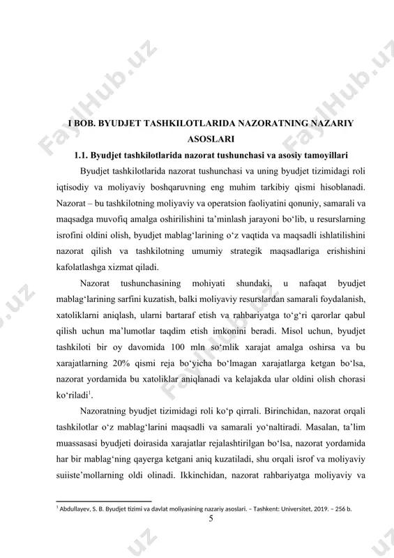 lar va tenderlar nazorat qilinadi, bu esa moliyaviy suiiste’mol va korrupsiyaning oldini oladi[footnoteref:2]. [2: akbarov, m. a. moliyaviy nazorat va audit asoslari. – tashkent: fan va texnologiya, 2020. – 312 b.] nazoratning byudjet tizimidagi yana bir roli – strategik rejalashtirish va qaror qabul qilishni qo‘llab-quvvatlash. nazorat natijalari asosida rahbariyat resurslarni qayta taqsimlash, samaradorligi past bo‘lgan yo‘nalishlarni aniqlash va yangi strategik maqsadlar qo‘yish imkoniga ega bo‘ladi. masalan, agar biror byudjet tashkilotida ma’lum bir yo‘nalish bo‘yicha daromad yoki natija kutilgan darajada bo‘lmasa, nazorat natijalari bu yo‘nalishni rivojlantirish yoki mablag‘larni boshqa yo‘nalishga yo‘naltirishga yordam beradi. nazorat tushunchasi shuningdek, xodimlarning javobgarligi va samaradorligini oshirishga xizmat qiladi. tizimli va muntazam nazorat tufayli, xodimlar o‘z ishlarini samarali va qonuniy bajarishga intiladi, bu esa tashkilotning umumiy natijasiga ijobiy ta’sir ko‘rsatadi. misol uchun, biror byudjet tashkilotida har oy ichki audit va nazorat tekshiruvlari amalga oshirilsa, xodimlar xarajatlar va hisobotlarni to‘g‘ri va o‘z vaqtida taqdim etishga harakat qiladi. nazorat …