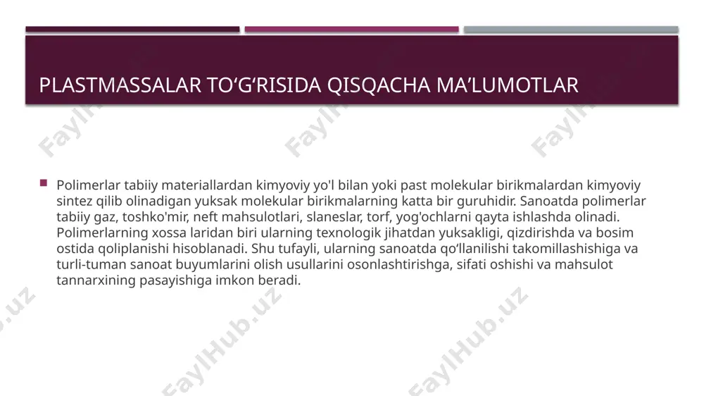 san va boshq.) keng klinik sinovlar uchun ishlab chiqardi.ta'kidlab o'tilgan materiallar o'z fizik-mexanik ko'rsatkichlari bo'yicha akril plastmassalarga nisbatan ba'zi bir afzalliklarga ega bo'lsa-da, ularni qo'llanish qator texnik qiyinchiliklar bilan bogʻliq. shunga koʻra, ularning istiqboli haqida fikr yuritish hali ertaroq. akril kukun olish hozirgi vaqtda sanoatda akril kukunlar olish uchun emulsion usuldan foydalaniladi. usul mohiyati oldindan emulsiyalangan monomerning polimerlanishidan iborat. polimerlanish jarayoni reaksiya boradigan apparatda ro'y berib, uning asosini ichida qorgichi boʻlgan katta hajmdagi rezervuar-polimerizator tashkil qiladi.rezervuarga 2:1 nisbatda suv va monomer quyiladi. aralashmaga monomer miqdoriga nisbatan 0,3 % benzoil peroksid (initsiator) va kraxmal (emulgator) qo'shiladi. massani qorgich bilan to'xtovsiz aralashtirib turib 84°c gacha qizdiriladi. kraxmal monomerning emulsiyalanishiga imkon beradi, u polimerlanib to'g'ri shakldagi, biroq diametri turlicha sharchalar hosil qiladi. sharchalar o'lchami polimerlanish sodir boʻladigan sharoitlarga: harorat tartibiga, qorgichning aylanish tezligiga, monomerning disperslik darajasiga bogʻliq.olingan polimer tiniq va rangsiz. sentrifugalash yo'li bilankukunni massadan ajratib olinadi, so'ngra quritiladi va elakdan o'tkaziladi. sovuq …