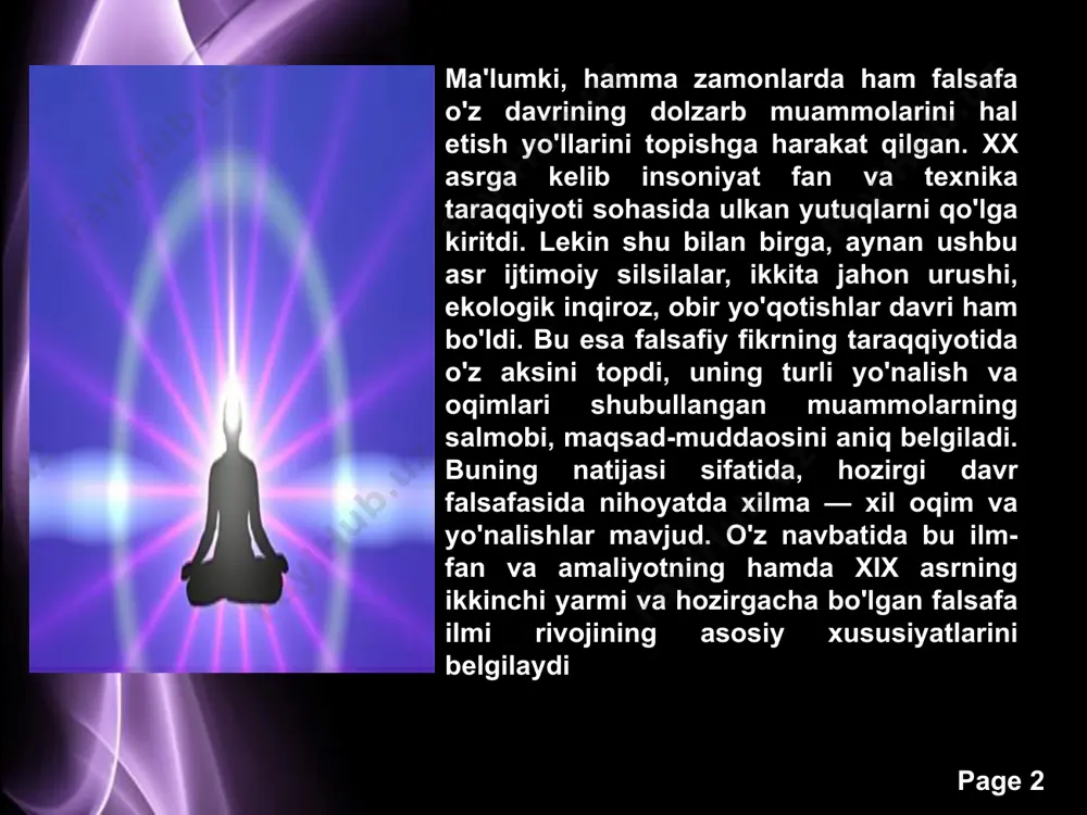 lingan bo'lsa, endi bunday tahlil doirasidan chetda qolgan muammolar o'rganila boshlandi. page ‹#› bugungi kunga kelib ko'pgina falsafiy oqimlar o'zlarining an'anaviy falsafaga aloqador ekanliklarini hamda ulardan farq qilishlarini ta'kidlash maqsadida, nomlariga «neo», ya'ni yangi, zamonaviylashgan degan ma'noni anglatuvchi qo'shimchani qo'shganlar. masalan, neopozitivizm, neotomizm va boshqalar shular jumlasiga kiradi. fanning jamiyat hayotidagi o'rnini belgilash va unga nisbatan munosabatga qarab, zamonaviy falsafiy ta'limotlarni asosan ikki yo'nalishga ajratish mumkin. ulardan biri — ssientizm (lot scientia — fan) ya'ni fan mavjud barcha ijtimoiy muammolarni hal etishi mumkinligini ilm-fan taraqqiyotining doimiy ijobiyligini asoslovchi falsafiy dunyoqarash. ssientizm boyalari, neopozitivizm, texnologik determinizm kabi ta'limotlarning asosini tashkil etadi. page ‹#› ikkinchisi — antissientizm, ya'ni fan taraqqiyoti jamiyat hayotiga salbiy ta'sir ko'rsatishini asoslovchi falsafiy dunyoqarash. bunday dunyoqarash ekzistensializm, frankfurt ijtimoiy-falsafiy maktabi, rim klubining bir qator tarmoqlarini, ba'zi diniy-falsafiy oqimlarning fanga munosabatini ifodalaydi. antissientizm ilm-fan taraqqiyotining natijalarini nazorat ostiga olish, bu masalada jamiyat hayotini xavf ostiga qo'ymaslik talabi bilan bobliqdir. …