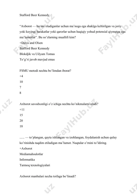 ormatda tayyorlanadi? +xalqaro umumiylarda docx pptx formatda infoetika nima? +tarmoq odob-axloqi go’zallik madaniyatlilik, muomalalalik to’g’ri so’zlik hisoblanadi mentalitet so’zining ma’nosi nima? +ichki tuyg’u, aql-idrok tashqi ko’rinish, tashqi qiyofa muomala to’g’ri javob mavjud emas ...... — gumanitar yo‘nalishdagi umumlashtiruvchi, xususan turli psixik va boshqa sifatlardan iborat alohidaliklar, o‘ziga xosliklar majmuasini va ularning ifodalanish holatlarini anglatuvchi ijtimoiy- siyosiy, publitsistik va metaforik tushuncha. nuqtalar o’rnini to’ldiring. +mentalitet kelib chiqishdir go’zallik, nafosat xushmuomalalik hozirda mamlakatimizda nechta teleradio studiya faoliyat ko’rsatmoqda? +70 dan ziyod 90ta 85taga yaqin 100dan ortiq hozirda mamlakatimizda nechta kabel televideniyesi faoliyat ko’rsatmoqda? +29ta 35ta 50ta 42ta xavf-xatarlarning tarmoqda nechta asosiy turi mavjud? +3ta 2ta 1ta 1tadan ko’p qaysi xavf turi internet tarmog‘ida noma’lum (yaxshi tanish bo‘lmagan) shaxslar bilan muloqot jarayonida paydo bo‘ladi? +kommunikatsion xavf kontent xavfi texnik xavf to’g’ri javob mavjud emas qaysi xavf turi zararli dasturlardan foydalanib (virus, bot, ayg‘oqchi dasturlar), dasturiy mahsulotlarga zarar yetkazish, maxfiy va shaxsiy axborotlar yoki …