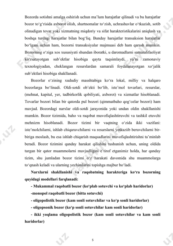 va bu harajatlar bozor to‘g‘risida axborot olish, shartnomalar to‘zish, uchrashuvlar o‘tkazish, sotib olinadigan tovar yoki xizmatning miqdoriy va sifat harakteristikalarini aniqlash va boshqa turdagi harajatlar bilan bog‘liq. bunday harajatlar transaksion harajatlar bo‘lgani uchun ham, bozorni transaksiyalar majmuasi deb ham qarash mumkin. bozorning o‘ziga xos xususiyati shundan iboratki, u daromadlarni samaralifaoliyat ko‘rsatayotgan sub’ektlar hisobiga qayta taqsimlaydi, ya’ni zamonaviy texnologiyadan, cheklangan resurslardan samarali foydalanayotgan xo‘jalik sub’ektlari hisobiga shakllanadi. bozorlar o‘zining xududiy masshtabiga ko‘ra lokal, milliy va halqaro bozorlarga bo‘linadi. oldi-sotdi ob’ekti bo‘lib, iste’mol tovarlari, resurslar, (mehnat, kapital, yer, tadbirkorlik qobiliyati, axborot) va xizmatlar hisoblanadi. tovarlar bozori bilan bir qatorda pul bozori (qimmatbaho qog‘ozlar bozori) ham mavjud. bozordagi narxlar oldi-sotdi jarayonida yoki undan oldin shakllanishi mumkin. bozor tizimida, baho va raqobat muvofiqlashtiruvchi va tashkil etuvchi mehnizm hisoblanadi. bozor tizimi bir vaqtning o‘zida ikki vazifani: iste’molchilarni, ishlab chiqaruvchilarni va resurslarni yetkaziib beruvchilarni bir-biriga moslash, bu esa ishlab chiqarish maqsadlarini muvofiqlashtirishni ta’minlab beradi. bozor tizimini …