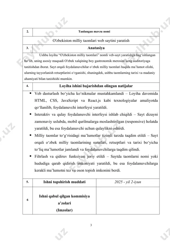 ishonchli va to'liq ma'lumot to'plash; turli toifalarga ajratilgan retseptlar bazasini yaratish; foydalanuvchilarga qulay interfeys va navigatsiyani taqdim etish; taomlarning tayyorlanish jarayonini bosqichma-bosqich tushuntirish; web saytning mobil versiyasini ishlab chiqish va optimallashtirish; taomlarning tarixi va ularning ijtimoiy madaniy ahamiyati haqida maqolalar tayyorlash; video darsliklar va foto galereyalar orqali foydalanuvchilarga vizual ko'rsatmalar taqdim etish; saytga blog bo‘limini qo‘shish va foydalanuvchilarning fikr-mulohazalarini yig‘ish; o'zbek taomlarining xalqaro maydondagi nufuzini oshirishga hissa qo'shish. mazkur individual loyiha uchun o'zbekistonning turli hududlariga xos milliy taomlar, ularning tarixiy shakllanishi va zamonaviy oshpazlik usullari tanlanadi. o'zbekistonning har bir hududi o'ziga xos taomlar bilan ajralib turadi, masalan, samarqand oshxonasi o'zining palovi bilan mashhur bo'lsa, farg'ona vodiysi qovurilgan taomlari bilan ajralib turadi. shuning uchun mazkur loyiha har bir hududning milliy oshxonasiga alohida e'tibor qaratadi. loyihaning predmeti o'zbek oshxonasiga oid taomlarning retseptlari, tayyorlanish texnologiyalari va ularga oid madaniy ma'lumotlarni elektron platformada taqdim etish jarayonidir. bu jarayonda taomlarning tarkibiy qismlari, ularning foydali xususiyatlari …