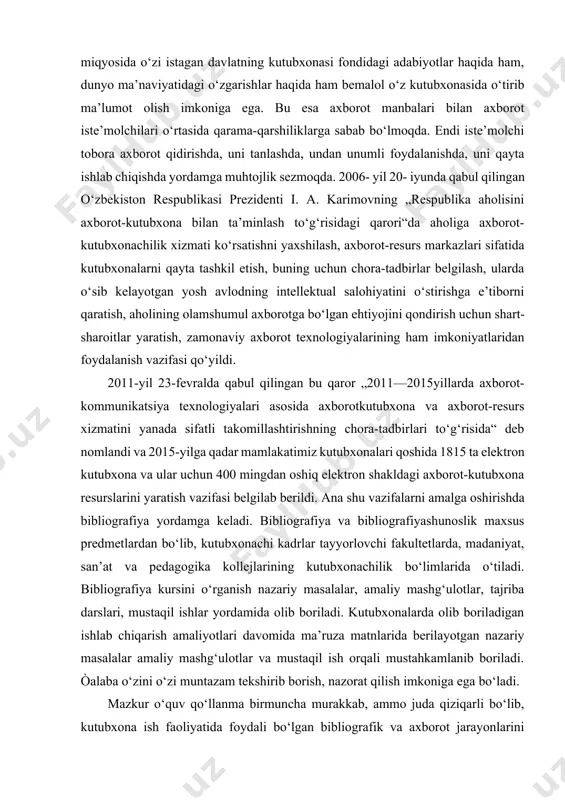 rafiya va bibliografiyashunoslik maxsus predmetlardan bo‘lib, kutubxonachi kadrlar tayyorlovchi fakultetlarda, madaniyat, san’at va pedagogika kollejlarining kutubxonachilik bo‘limlarida o‘tiladi. bibliografiya kursini o‘rganish nazariy masalalar, amaliy mashg‘ulotlar, tajriba darslari, mustaqil ishlar yordamida olib boriladi. kutubxonalarda olib boriladigan ishlab chiqarish amaliyotlari davomida ma’ruza matnlarida berilayotgan nazariy masalalar amaliy mashg‘ulotlar va mustaqil ish orqali mustahkamlanib boriladi. òalaba o‘zini o‘zi muntazam tekshirib borish, nazorat qilish imkoniga ega bo‘ladi. mazkur o‘quv qo‘llanma birmuncha murakkab, ammo juda qiziqarli bo‘lib, kutubxona ish faoliyatida foydali bo‘lgan bibliografik va axborot jarayonlarini o‘rganishda sizga yordam beradi. chunki barcha mutaxassislikka oid fanlar bu fan bilan bog‘liq holda o‘rganiladi, kutubxona ish jarayonlarining barcha sohalarida ana shu fan yordamida olingan bilim zarur bo‘ladi, kitobxonlarga o‘ziga mos axborotni topish va yetkazib berish, o‘z vaqtida axborot berish ham shu fan yordamida o‘rganiladi. bibliografiya predmeti o‘quvchilarni kitobni bilish, uning sirlarini anglash, axborot tanlash, uni kitobxonga yetkazib berish ilmi bilan qurollantiradi. bibliografiya milliy g‘oyaning asosiy tushuncha va tamoyillarini …