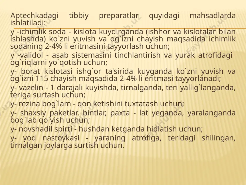 etadi. jarohatga bog`lam qo`yishdan oldin gavdaninig shu qismidagi kiyim yoki poyafzalni ehtiyotlik bilan echish lozim. vaqtinchalik qon tuxtatishdan so`ng transport immobilizatsiyasi tegishli qoidalar asosoda bajarilishi va bemor davolash muassasalariga yotqiziladi. shifokor kelguncha beriladigan yordamni tibbiyot xamshirasi jarohat yuz bergna joyda tug`ri ko`rsata bilishi kerak. keyin bemorga qoqsholga qarshi zardob yuborish, uni ixtisoslashgan davolash muassasiga jo`natish kerak. jarohat yuzasini tozalash va birlamchi chok solish. muolajaning bu turini kichikroq yuza jarohatlari bol`gan bemorlarda yoki atroflari tekis, ifloslanmagan va ichkarida joylashgan to`qimalar hamda anchagina shikastlangan kesilgan jarohatlarda bajariladi . jarohat atrofi soch yoki jundan tozalanadi, teri spirt bilan artiladi a yod eritmasi surtiladi. jarohatga birlamchi xirurgik ishlov berish bunda jarohat chekkalari, devorlari va tubini sog`lom to`qimalarigacha kesish, uni aseptic jarohatga aylantirish prinsipi yotadi. jarohat og`riqsizlantiriladi, tozallanadi, qon oqishi uzil- kesil tuxtatiladi. ichki tomondan ketgut chok solish va terini ipak bilan choklash yordamida jarohat chekkalari bir – biriga yaqinlatiriladi. jarohat chekkalariga antibiotiklar quyiladi. yuz, …