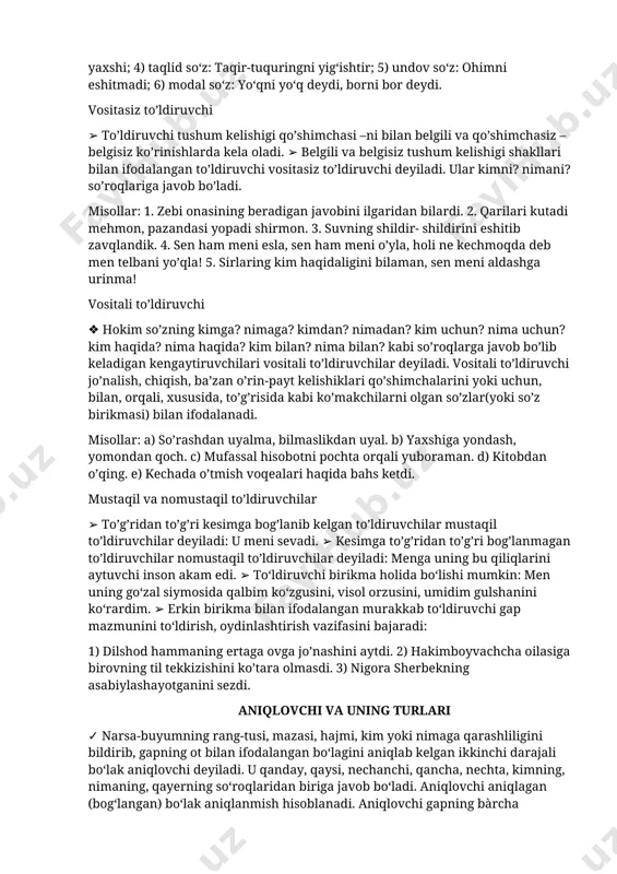 i deyiladi. to‘ldiruvchi quyidagi so‘zlar bilan ifodalanadi: 1) ot: dilshod maktubni xolasiga berib, ko‘chaga chiqib ketdi; 2) olmosh: mayli-da, kimgadir yoqsa, yoqmasa, ularga qo‘shilib yig‘lasharmidik. (m.yusuf); 3) harakat nomi: uning kulib boqishlarini bir zum hamunutmayman. otlashganda: 1) sifat: yaxshiga qora yuqmas, yomonga el boqmas; 2) son: beshni beshga qo‘shsak, o‘n bo‘ladi; 3) sifatdosh: bilmagandan bilgan yaxshi, to‘g‘ri ishni qilgan yaxshi; 4) taqlid so‘z: taqir-tuquringni yig‘ishtir; 5) undov so‘z: ohimni eshitmadi; 6) modal so‘z: yo‘qni yo‘q deydi, borni bor deydi. vositasiz to’ldiruvchi ➢ to’ldiruvchi tushum kelishigi qo’shimchasi –ni bilan belgili va qo’shimchasiz – belgisiz ko’rinishlarda kela oladi. ➢ belgili va belgisiz tushum kelishigi shakllari bilan ifodalangan to’ldiruvchi vositasiz to’ldiruvchi deyiladi. ular kimni? nimani? so’roqlariga javob bo’ladi. misollar: 1. zebi onasining beradigan javobini ilgaridan bilardi. 2. qarilari kutadi mehmon, pazandasi yopadi shirmon. 3. suvning shildir- shildirini eshitib zavqlandik. 4. sen ham meni esla, sen ham meni o’yla, holi ne kechmoqda deb men …