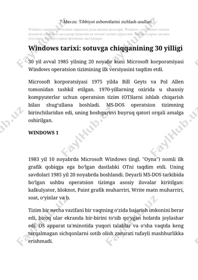 windows operatsion tizimi tibbiyot axborotlarini zichlash usullari — DOCX