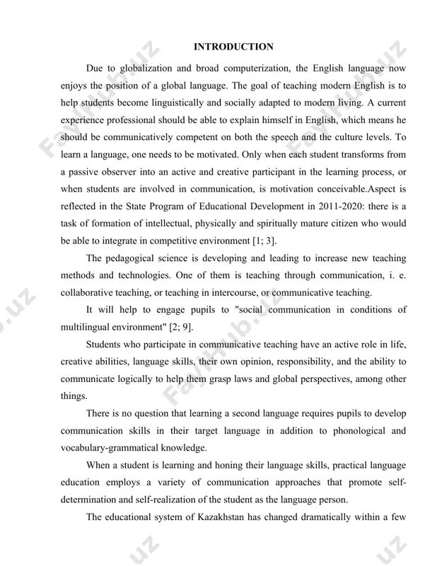 ching communication has its difficulties in successful teaching and should be thoroughly prepared and designed. the object of investigation: the process of the english language teaching and learning. the subject is the methodological process of teaching communication in english. the hypothesis: if we teach communication and develop communicative competence it will contribute to rising teaching effectiveness. the goal of the course work: to consider effective ways in formation of communicative competence in the process of english teaching and learning.following objectives are established: · to study the theoretical basis of communicative language teaching; · to research principles, aims and features of communicative teaching; · to reveal main techniques of involving of pupils in communication activity; · to develop lesson plans with using of communicative teaching techniques. in our course work we use methods of research: · studying and analyzing scientific literature; · observation of the process of teaching and learning foreign …