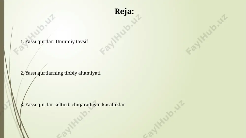 si) kabi ba'zi yassi qurtlarning lichinkalari miya va boshqa organlarga ta'sir qilib, epileptik xurujlar va boshqa neyrologik muammolarni keltirib chiqarishi mumkin. yassi qurtlarning 30 dan ortiq turi odamlarda parazitar kasalliklarni keltirib chiqarishi mumkin, ularning ba’zilari jiddiy asoratlarga olib kelishi mumkin. yassichoq qurtlarning turlari taenia solium (cho'chqa tasma qurti) va taenia saginata (mol tasma qurti) kabi tsetodalarning lif siklida ikkita oraliq xo'jayin mavjud bo'lib, insonlar ularning yakuniy xo'jayinlari hisoblanadi. schistosoma turlarining infeksiyonlari 200 milliondan ortiq odamlarni qamrab oladi va jigar, o'pka va siydik pufagiga jiddiy zarar yetkazishi mumkin. yassichoq qurtlarning umumiy tavsifi yassi qurtlar 3 ta asosiy sinfga: trematodalar (so'rgʻichli qurtlar), tsetodlalar (tasmali qurtlar) va turbellarilarga bo'linadi, har biri o'ziga xos morfologik xususiyatlarga ega. yassi qurtlarning ko'pchiligi germafrodit, ya'ni erkak va urg'ochi reproduktiv organlariga ega bo'lib, 1000 dan ortiq tuxum qo'yishga qodir. e'tiboringiz uchun rahmat @taqdimot_robot image1.jpg image2.jpg image3.jpg image4.jpg image5.jpg image6.jpg image7.jpg
