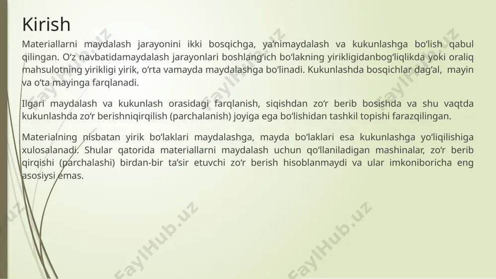 ngdek, kukunlash kamerasi devorlariga materialning qisman ishqalanishi hisobiga sodir bo‘ladi. to’xtovsiz harakatlanuvchi sharli tegirmon to‘xtovsiz harakatlanuvchi sharli tegirmonning yuklanishi va undan ichi bo‘sh sapfa orqali maydalangan materialning erkin chiqishi hamda konstruksiyasi oddiyligi bilan silikat sanoatida qo‘llaniladi. u silindrikli baraban (1), ikkita tag (2) va ichi bo‘sh sapfa (3) bilan birgalikda quyilgandan tashkil topgan (60–rasm). sapfaning yuklanadigan o‘ng tomoniga qurama ta’minlagich (4) mahkamlangan, uning yordami bilan tegirmon maydoni yonida joylashgan dag‘al maydalangan material va suv hovuchlab olinadi va baraban ichiga beriladi. quruq uslub bo‘yicha tegirmonning ishlashida material yuklanadigan sapfa orqali nov bilan yuklanadi. tegirmon elektrodvigateldan pona tasmali va tishli uzatmalar orqali harakatga keltiriladi. tegirmon po‘latli sharlar yoki kremniyli plitalar bilan birga ishlashida, kvars, shpat va boshqa materiallarni tuyishida po‘lat plitalar bilan futerlanadi. to’xtovsiz harakatlanuvchi sharli tegirmon to‘xtovsiz harakatlanuvchi tegirmonlar nam kukunlashda gidro tasniflagich bilan birgalikda 61–rasmda ko‘rsatilgan chizma bo‘yicha ishlaydi. maydalangan va suvda loyqalangan material yuklanadigan ichi bo‘sh sapfa (1) orqali …