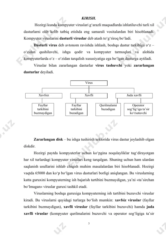 qsadlarini amalga oshiradi. kompyuter virusi orqali zararlanish oqibatida kompyuterlarda quyidagi o‘zgarishlar paydo bo‘ladi: • ayrim dasturlar ishlamaydi yoki xato ishlay boshlaydi; • bajariluvchi faylning hajmi va uning yaratilgan vaqti o‘zgaradi; • ekranda anglab bo‘lmaydigan belgilar, turli xil tasvir va tovushlar paydo bo‘ladi; • kompyuterning ishlashi sekinlashadi va tezkor xotiradagi bo‘sh joy hajmi kamayadi; • disk yoki diskdagi bir necha fayllar zararlanadi (ba’zi hollarda disk va fayllarni tiklab bo‘lmaydi): • vinchester orqali kompyuterning ishga tushishi yuqoladi. viruslar asosan disklarning yuklanuvchi sektorlarini va exe, som, sys va bat kengaytmali fayllarni zararlaydi. hozirgi kunda bular qatoriga ofis dasturlari yaratadigan faylarni ham kiritish mumkin. oddiy matnli fayllarni zararlaydigan viruslar kamdan – kam uchraydi. fayllar tarkibini buzmaydigan viruslar tezkor xotira kurilmasida ko‘payuvchi operatorni ta’sirlantiruvchi tarmoq viruslari operatorni ta’sirlantiruvchi kurilmalarni ishdan chikaruvchi terminalda xabar chikaruvchi tovushli effektlarni xosil kiluvchi ish tartibini uzgartiruvchi - protsessor - klaviatura - xotira - matnli - oxang - md,vinchester - displey …
