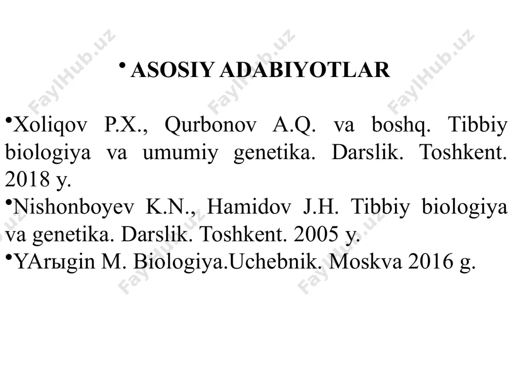 o‘tishi 7 genlarning o‘zaro ta’siri (komplementarlik, epistaz, polimeriya, ularning tiplari). 8 morgan qonuni. jins genetikasi. jinsga bog‘liq belgilarning irsiylanishi 9 modifikatsion o‘zgaruvchanlik va uning statistic taxlili. 10 irsiy o‘zgaruvchanlik 11 odam genetikasi o’rganish usullari: genologik, egizaklar va sitogenetik usuli. 12 odam genetikasi o’rganish usullari. populyasion-statistik usul, dermotoglifika va biokimyoviy usullari 13 odam genetikasini o‘rganishni molekulyar-genetik usullari; 14 irsiy kasalliklar .ontogenezning qaltis davrlari. postembrional ontogenez. 15 nikox tiplari va ularni tibbiy genetik tomonlari. tibbiy genetic maslaxat. 16 organizimlarning ko‘payishi . ontogenez embrional rivojlanish 17 ontogenezning embrional davirlari 18 ontogenezning postembrional davirlari ajratilgan soat jami soat mavzu: gen, genotip, fenotip. genetika fani tarmoqlari reja: 1.genetika fanining predmeti,vazifalari 2.genetika fanining tadqiqot metodlari va tarmoqlari биология «биос» - хаёт «логос» - таълимот + биология – греч. «биос» - хаёт, «логос» - таълимот – табиатдаги тирик организмларни ўрганувчи фан. 1802г. ж.б.ламарк. карл линней (1708–1778) создатель бессмертной «системы природы» («systema naturae», 1735), охватывающей три ее царства …