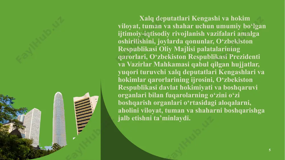 vlat shaharsozlik kadastri yuritilishini, shaharsozlik faoliyati ob’ektlari monitoringi olib borilishini, kompleks muhandislik qidiruvlari o‘tkazilishini, aholi punkglarini mikroseysmik hududlarga bo‘lish xaritalari tuzishni, shaharsozlik hujjatlari shalga oshirilishi ustidan monitoring olib borilishini va bunday hujjatlar ekspertizadan o‘tkazilishini ta’minlaydi; qonun hujjatlariga muvofiq boshqa vakolatlarni amalga oshiradi. 10 10 quyidagi qonun hujjatlari asosida qoraqalpohiston respublikasi, viloyatlar va toshkent shahrida yerdan foydalanish samaradorligini oshirish va uni muhofaza qilish choralarini ko‘rish, shuningdek, tuproq unumdorligini oshirish yuzasidan dasturlar ishlab chiqilgan: - o‘zbekiston respublikasi prezidentining “yerdan foydalanish samaradorligini oshirish to‘g‘risida”gi 24.11.1994 yilgi n pf-1009-sonli farmoni; - o‘zbekiston respublikasi vazirlar mahkamasining “yerdan foydalanish samaradorligini oshirish to‘g‘risida”gi 24.11.1994 yilgi n 575-sonli qarori; - qoraqalpohiston respublikasida foydalanilmayotgan yerlarni hamda past rentabelli va zarar ko‘rib ishlovchi qishloq xo‘jaligi korxonalarining yerlarini fuqarolarga meros qilib qoldirish sharti bilan umrbod egalik qilishlari uchun tajriba tariqasida berish to‘g‘risida”gi nizom (vazirlar mahkamasining 1994 yil 29 noyabrdagi 575 -son qaroriga 2-ilova). 11 11 обзор продукта наш продукт упрощает жизнь …