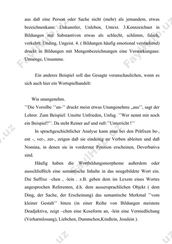 e: schreiben –schriebt ; tag- tagung fahren, fuhr-fahrt , fahrer , führe wenn auch die abteilungssilben in den meisten fällen wenig eigensemantischen wert besitzen, so verandern sie doch die wortbedeutungund bringen. in die wortverwandung mitunter einen zug der abstraktion hinein. oft ist die bedeutung der neubildung nicht neutral und oft sogar leicht abvertend oder abvertend. manchmal klingen neue wörter ironisch, wewil der schreiber sich von ihnen distanziert (z.b eier- eiern): beispiel: das versagen einer solchen stufe aber führte letzten monat dazu, daß ein us-spionsatellit seiner mitslos auf einer umlaufbahn um die erde eiert. vermutliche ursache: probleme beim planmässigen feuern der triebwerke. (der spiegel. 21.24.5.99.s.237) das neugebildete wort eiern bedeutet: etwas rollt oder dreht sich unregelmäßig und wackelt; unregelmäßig rotieren; разг. 1.делать, восмерку, петлять (о колесе) 2. идти неверньм шагом, идти шатаясь спотькаясь. d) geprägte wörter viele der abgeleiteten wörter haben ganz bestimmte, feste bedeutung und sind als neue wörter lexikalisiert. …