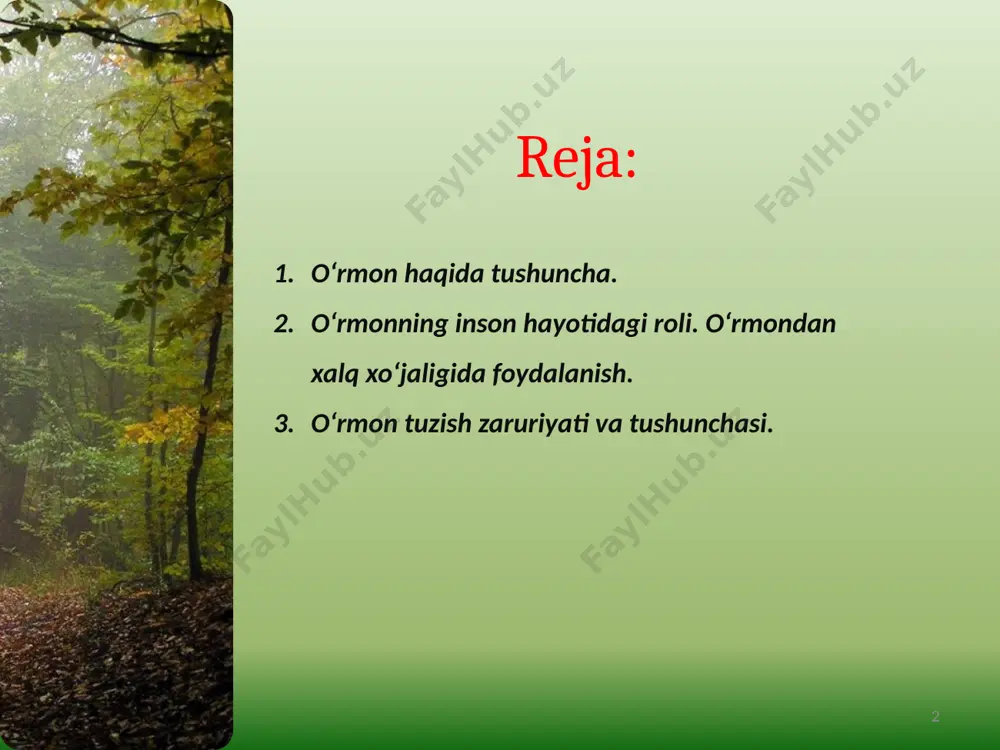 uda ham kam. faqat tog‘lik mintaqaning biroz qismi siyrak joylashgan o‘rmon daraxtlari band. lekin ular sun’iy ravishda barpo etilgan o‘rmonzorlar va o‘rmon daraxtlari o‘tqazuvi birgalikda paxtachilik majmuini, umuman respublika qishloq xo‘jaligini rivojlantirishda muhim rol o‘ynaydi. tog‘lik mintaqada joylashgan o‘rmonzorlar kanallarga suv oladigan daryolar rejimini bir me’yorda saqlashga yordam beradi, chorvachilik uchun ozuqabob o‘simliklardan yaylov sifatida foydalanishda xizmat qiladi. 9 tabiiy o‘rmonzorlar aholii punktlaridan uzoq masofada joylashganligi va ulardan olinadigan yog‘ochlar sifati bo‘yicha talabga javob bermasligi tufayli mahalliy xalq qadimdan sug‘oriladigan yerlarda o‘rmon daraxtlarini suniy ravishda o‘stirish shug‘ullanib kelgan. ular doimo dalalar va tarmoqqa yerlari atrofiga, kanallar va yo‘llar yoqasiga daraxtlar o‘tqazib kelganlar. sug‘oriladigan yerlarning iqlim va tuproq sharoiti qulay bo‘lganligi uchun o‘stiriladigan o‘rmon daraxtlaridan qisqa muddatda olinadigan yog‘ochlar yuqori sifatliligi farqlanadi. 10 mavjud malumotlarga ko‘ra xix asrning o‘rtalarigacha o‘rta osiyoning sug‘oriladigan mintaqasida o‘rmon daraxtlar va buta o‘simliklari turlari bo‘yicha anchagina chegaralangan bo‘lgan 11 o‘rmonning inson hayotidagi roli. o‘rmondan xalq xo‘jaligida …