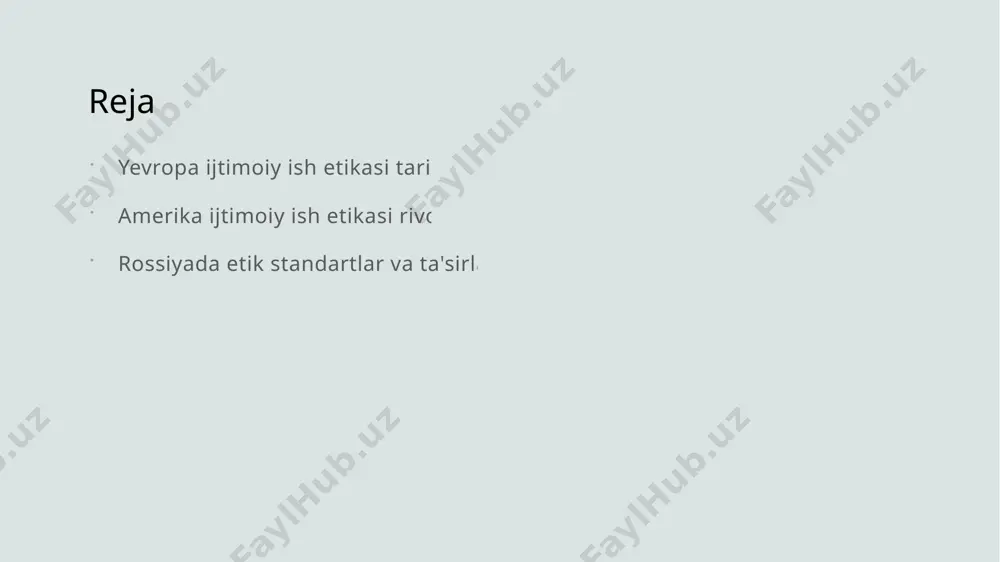 uv yevropada ijtimoiy ish etikasi innovatsion yondoshuvlarni qabul qiladi, bu esa yangi ijtimoiy muammolarga moslashish imkonini beradi. 4 madaniyat va etik har bir mamlakatning madaniyati ijtimoiy ish etikasi standartlariga ta'sir qiladi, bu esa amaliyotda turli yondoshuvlarni yaratadi. amerika ijtimoiy ish etikasi: tarixiy rivojlanish va asosiy bosqichlar. tarixiy rivojlanish amerika ijtimoiy ish etikasi 20-asr boshlarida shakllandi, xususan, 1900-yillarda ijtimoiy adolat va inson huquqlari muammolari ko‘tarila boshladi. asosiy bosqichlar 1960-yillarda ijtimoiy islohotlar va fuqarolik huquqlari harakati etikani yangilashga olib keldi, bu esa professionallik va etik standartlarning rivojlanishiga xizmat qildi. zamonaviy ta'sirlar bugungi kunda amerika ijtimoiy ish etikasi global muammolar, masalan, migratsiya va tengsizlik kabi omillarni hisobga olib, yangilanmoqda va moslashmoqda. ijtimoiy ishda etik standartlarning ijtimoiy konteksti va ta'siri. 1 ijtimoiy kontekst - ijtimoiy ish etikasi, ijtimoiy kontekstga bog'liq. har bir jamiyatning o'ziga xos qadriyatlari va an'analari etik standartlarga ta'sir qiladi. 2 madaniyat va etik - madaniyat, ijtimoiy ishda etik standartlarni shakllantiradi. yevropada, …