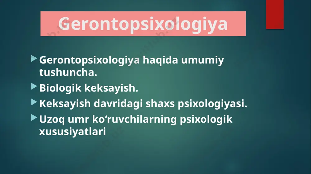 s.xoll asoslagan bo‘lsa-da, lekin bu yo‘nalishning o‘ziga xos xususiyatlari to‘g‘risida mark tulliy sitseron ("katta katon yoki keksayish haqida" asarida), i.i.mechnikov ("optimizm etyudlari" kitobida), o‘rta osiyo allomalari donolik, donishmandlik haqidagi durdonalarida falsafiy fikr va muyaohazalarni bildirganlar. amerikalik psixolog s.xoll (1846— 1924) "keksayish" monografiyasida amaliy va metodologak ahamiyatga molik qator g‘oyalarni ilgari surgan. psixogerontologiya fanida gerontologiya, involyusiya, geriatriya, gerogigiena, geteroxronlik kabi ilmiy tushunchalar mavjud. gerontologiya — grekcha so‘z bo‘lib, keksayishning, keksalikning kelib chiqishi demakdir. geriatriya so‘zi keksaygan inson shaxsini davolashni bildiradi. involyusiya tushunchasi evolyusiyaning teskarisi bo‘lib, o‘sishdan orqaga qaytishni ifodalaydi. gerogigiena — keksaygan odamning salomatligini saqlash va mustahkamlash sohasidir. gerogigiena keksa odamlarda asab, ruhiy kasalliklarning oldini olish uchun xizmat qiladi. geteroxronlik bir xil yoshdagi odamlarda ruhiy jarayonlarning turlicha (har xil vaqg va muddatda) namoyon bo‘lishidir. d.bromley insonning qarish sikli uchta bosqichdan iborat bo‘lishini ta’kidlaydi: 1) "ishdan, xizmatdan uzoqlashish" (iste’fo) — 66-70 yoshi 2) keksalik (70 va undan katta yosh), sh), 3) munkillagan …