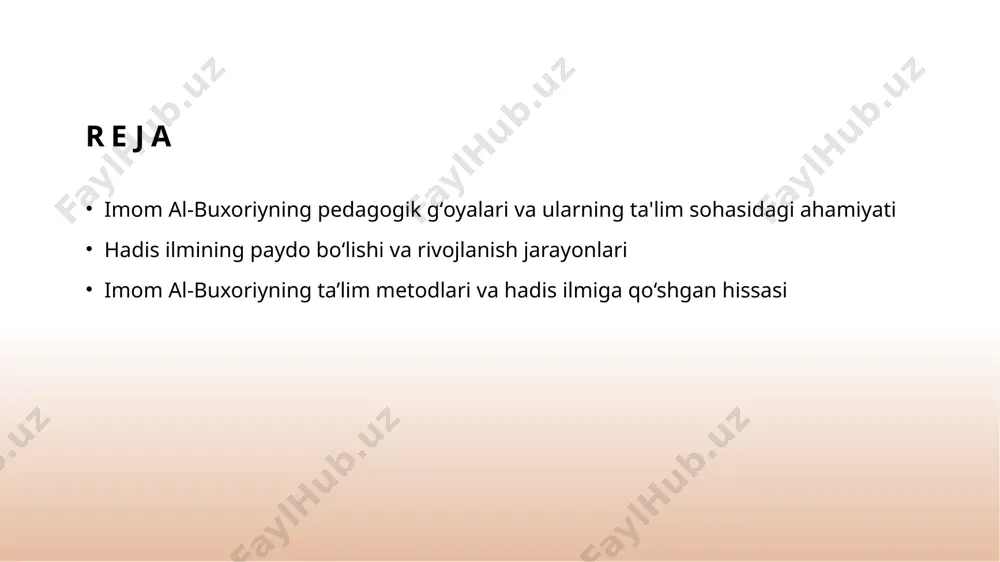 arning faol qatnashishi muhim ahamiyatga ega bo‘lgan. bu usul hadislarni chuqur tushunishga yordam beradi. 2 amaliy yondashuvlar - ustozlar hadislarni faqat nazariy ravishda emas, balki amaliy misollar va hikoyalar bilan tushuntirishga intilgan. bu metod bilimning mustahkamlanishiga olib keladi. 3 muntazam tekshirish - imom al-buxoriyning ta'lim metodlarida o‘quvchilarning bilim darajasini nazorat qilish uchun testlar va tekshiruvlar muhim o‘rin tutadi. bu ilmni saqlashda yordam beradi. 4 yangi texnologiyalar integratsiyasi - ustozlar hadis ilmini o‘rgatishda zamonaviy texnologiyalar, masalan, audio va video materiallar, interaktiv dasturlarni keng qo‘llaganlar, bu esa ta'lim samaradorligini oshiradi. hadis ilmining paydo bo‘lishi tarixiy jarayoni va asosiy bosqichlari hadis ilmining shakllanishi asosiy bosqichlari tarixiy rivojlanish hadis ilmi, payg'ambar muhammadning so'zlari va amallarini aniqlash, yozish va tasdiqlash jarayonlari bilan boshlangan, avvalo og'zaki shaklda rivojlandi. hadis ilmining asosiy bosqichlari, hadislarni to'plash, tasniflash va izohlash jarayonlarini o'z ichiga oladi. bu bosqichlar, hadislarning ishonchliligini ta'minlash uchun muhim ahamiyatga ega. hadis ilmi, 8-9 asrlarda ilmiy metodlar …