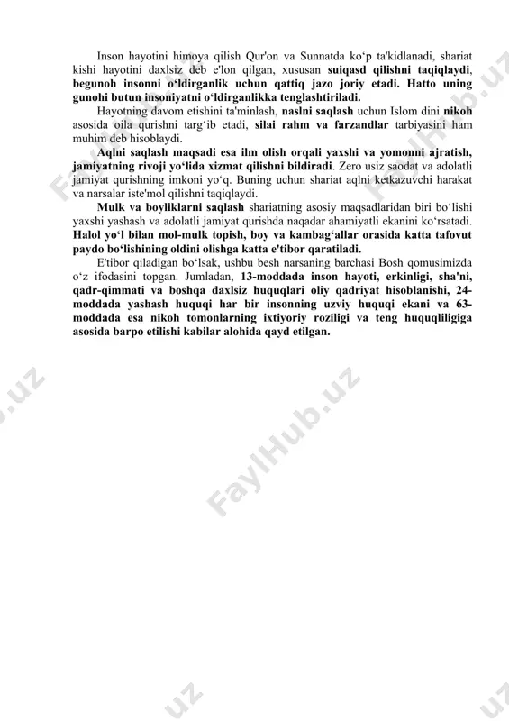 agarda bir mamlakatning aholisi axloqsiz va johillik bilan oilaviy munosabatlarni zaiflashtirib yuborsa va intizomsizlikka yoʻl qoʻysa shunda bu millatning saodati va hayoti shubha ostida qoladi” , deb taʼkidlagan. ma'lumki, qur'oni karimda inson qadr-qimmati doimo ulug‘langan. kalomi sharifda: “darhaqiqat, biz odam farzandlarini aziz va berdik va ularni o‘zimiz yaratgan ko‘p jonzotlardan afzal qilib qo‘ydik” (isro, 70), deb bayon qilinadi. yuqoridagi oyati karimadan ayon bo‘ladiki, inson alloh taolo yaratgan barcha mavjudotlar ichida eng aziz va mukarram xilqat. haq taolo odamni o‘z qudrati bilan yaratib, uni mukarram qildi. o‘z ruhidan jon puflab, ulug‘ladi. shu boisdan ham inson azizu mukarramdir. shunday ekan bugungi kunda “insonlarning dardu tashvishlarini o‘ylab yashash – odamiylikning eng oliy mezonidir” shiori ostida amalga oshirilayotgan xayrli islohotlar o‘zining yaxshi natijalarini berayotganini har qadamda ko‘rish mumkin. bosh qomusimizning muhim bandlaridan biri – alloh taolo bergan ulug‘ ne'mat – insonning hayoti va huquqlaridir. unda fuqarolarning manfaatlari qonuniy ravishda mustahkamlangan va qat'iy kafolatlangandir. islom …