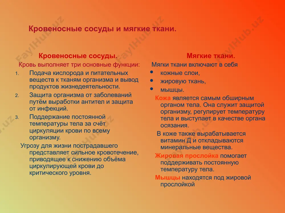 х образуется ограниченная полость, наполненная кровью, её называют гематомой. острая потеря 1 – 2 л крови, особенно при тяжёлых комбинированных поражениях, может привести к смерти. в зависимости от характера повреждённых сосудов различают: капиллярное кровотечение, венозное кровотечение, артериальное кровотечение, паренхиматозное кровотечение. виды кровотечений капиллярное кровотечение возникает при повреждении мелких сосудов кожи, подкожной клетчатки и мышц. при капиллярном кровотечении кровоточит вся поверхность раны. венозное кровотечение характеризуется непрерывным вытеканием крови, имеющим более тёмный цвет, при этом явной струи не бывает. артериальное кровотечение наиболее опасно при котором за короткий срок из организма может излиться значительное количество крови. признаками артериального кровотечения являются алая окраска крови, её вытекание пульсирующей струёй правила оказания первой медицинской помощи при кровотечении. капиллярное кровотечение промойте рану раствором антисептика или водой с мылом. для очистки загрязнённых ран используйте чистую салфетку или стерильный тампон: всегда начинайте с середины раны, двигаясь к краям. меняйте салфетку при каждом последующем действии. наложите небольшую повязку. помощь врача …