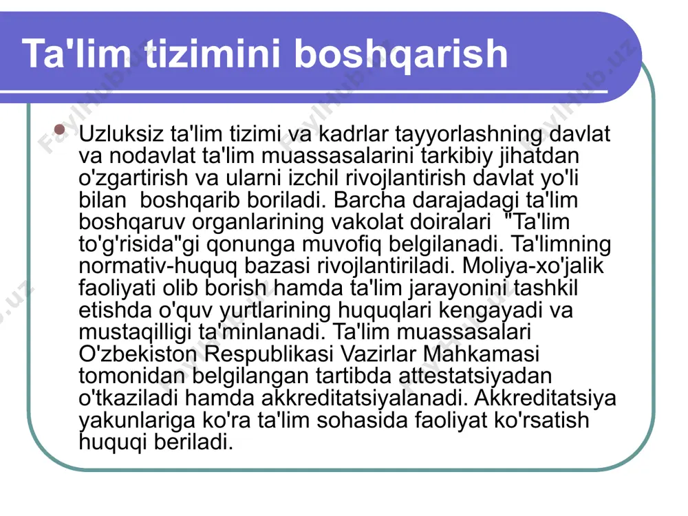 keng ko‘llanishi zarur. demokratik markazlashgan prinsip. ta’lim tizimini boshkarishda markazlashgan raxbarlikni keng demokratiya bilan mustakillik va tashabbuskorlikni rivojlantirish bilan birga ko‘shib olib borish, o‘ziga xos xususiyatlarni va shart-sharoitlarni hisobga olish imkonini beradi. ishlab chikarish va ta’lim tizimi. o‘zbekiston respublikasining kadrlar tayyorlash milliy dasturida o‘quv ishlab chikarish majmuasining (markazlarini) tashkil etish va ularni rivojlantirish, zamonaviy uskunalar, apparatlar va asboblar bilan jixozlash ragbatlantiriladi, deyiladi. kadrlar tayyorlash va birgalikda ilmiy-texnologik yechimlar yaratishda korxonalarning ishlab chikarish saloxiyatidan samarali foydalaniladi. ishlab chikarishda kadrlar tayyorlash qo‘llab quvvatlanadi.