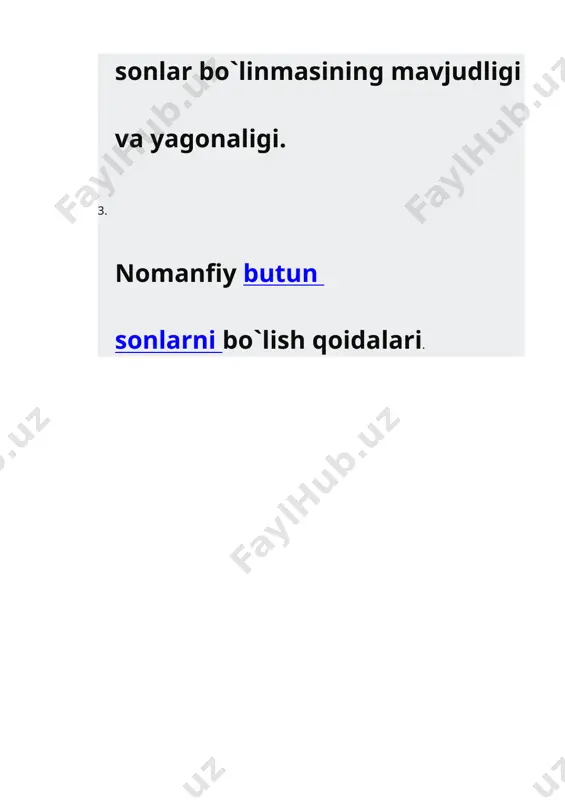 . 1) yigindini songa bo’lish qoidasi. yig’indini songa bo’lish uchun, agar bo ‘linsa, har bir qo ‘shiluvchini shu songa bo’lib, natijalarni qo’shish kerak: (a+b): c = a: c+b:c 48 : 3 = (30 + 18) : 3 = 30 : 3 + 18 : 3 = 10 + 6 = 16. 2) ko’paytmani songa bo’lish qoidasi. ko’paytmani songa bo’iish uchun, agar bo’linsa, ko’paytuvchilardan birini shu songa bo’lib, natijani ikkinchi songa ko ‘paytirish kerak: (a · b): c - (a : c) * b = a · (b : c) 75 : 5 = (3 · 25) : 5 = 3 · (25 : 5) = 3 · 5 = 15. 3)sonni ko’paytmaga bo’lish qoidasi. sonni ko’paytmaga bo’lish uchun, agar bo’linsa, sonni avval ko’paytuvchilardan biriga, so’ng ikkinchisiga bo’lish yetarli. a :(b · c) = (a : b) : c = (a : c) : b. 105: (5 ·7) = (105 : …