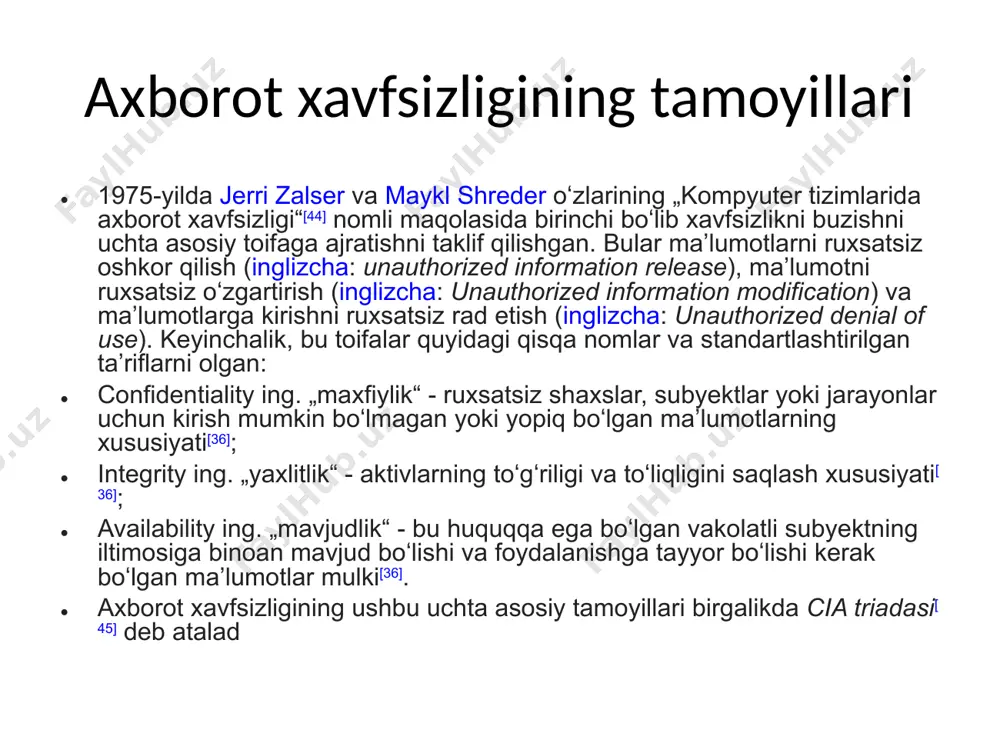 ligini ta’minlovchi qatьiy reglamentlangan dinamik texnologik jarayonga aytiladi. axborotning egasiga, foydalanuvchisiga va boshka shaxsga zarar etkazmokchi bo`lgan nohuquqiy muomaladan xar qanday xujjatlashtirilgan, ya’ni identifikattsiya qilish imkonini beruvchi rekvizitlari qo`yilgan xolda moddiy jismda qayd etilgan axborotximoyalanishi kerak. axborot xavfsizligi nuqtai nazaridan axborotni quyidagicha turkumlash mumkin: maxfiylik — aniq bir axborotga fakat tegishli shaxslar doirasigina kirishi mumkinligi, ya’ni foydalanilishi qonuniy xujjatlarga muvofik cheklab qo`yilib, xujjatlashtirilganligi kafolati. bu bandning buzilishi o`rtasilik yoki axborotni oshkor qilish, deyiladi; konfidenttsiallik - inshonchliligi, tarqatilishi mumkin emasligi, maxfiyligi kafolati; yaxlitlik— axborot boshlangich ko`rinishda ekanligi, ya’ni uni saqlash va uzatishda ruxsat etilmagan o`zgarishlar qilinmaganligi kafolati; bu bandning buzilishi axborotni soxtalashtirish deyiladi; autentifikatsiya — axborot zaxirasi egasi deb e’lon qilingan shaxs xaqiqatan xam axborotning egasi ekanligiga beriladigan kafolat; bu bandning buzilishi xabar muallifini soxtalashtirish deyilad /docprops/thumbnail.jpeg