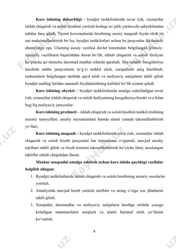 ri faoliyatida ishlab chiqarish tushunchasi va uning o‘ziga xos xususiyatlari byudjet tashkilotlarida ishlab chiqarish tushunchasi va uning mohiyati xususiy sektor ishlab chiqarishidan sezilarli darajada farq qiladi, chunki bu tashkilotlarning asosiy vazifasi foyda orttirish emas, balki ijtimoiy ehtiyojlarni qondirish, davlat topshiriqlarini bajarish va jamoatchilik manfaatlarini ta’minlashdan iboratdir. birinchi navbatda ishlab chiqarish tushunchasini kengroq ma’noda tushuntirish zarur. umumiy iqtisodiy nazariyada ishlab chiqarish – bu tovar va xizmatlarni yaratish jarayoni bo‘lib, u moddiy va nomoddiy shaklda amalga oshirilishi mumkin. byudjet tashkilotlari faoliyatida esa ishlab chiqarish ko‘pincha moddiy ishlab chiqarishdan ko‘ra ko‘proq nomoddiy xizmat ko‘rsatish shaklida namoyon bo‘ladi[footnoteref:1]. masalan, ta’lim sohasidagi maktab va oliy o‘quv yurtlari bilim ishlab chiqaradi, sog‘liqni saqlash muassasalari aholining sog‘lig‘ini tiklash va qo‘llab-quvvatlash xizmatlarini ko‘rsatadi, madaniyat muassasalari esa ma’naviy-ma’rifiy ehtiyojlarni qondiradi. shu jihatdan qaralganda, byudjet tashkilotlari ishlab chiqarishi kengroq ijtimoiy mazmunga ega bo‘ladi. [1: abdukhakimova, l.g. byudjet tashkilotlarida xizmat ko‘rsatish hisobi: amaliy asoslar. toshkent: moliyaviy-iqtisodiy nashriyot, 2020. 184 b.] ikkinchi …