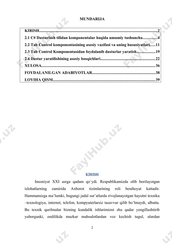 o’llanilyotgan dasturlash tilidan biri bu c# tilidir, bu orqali qanchadan-qancha turli dasturlarni yaratishga imkon beryapti. dasturlashni o’rganish uchun, dasturlarni yozish, masalalarni yechib o’rganish zarur. buning uchun dasturlash tilini ishlash jarayonini bilish kerak. biz bu dasurlash programmasidan yuqori sifatli foyda olishni xohlasak, biz bu programma bilan aktiv ishlashimiz kerak. hozirgi vaqtga kеlib kompyutеr olamida ko’plab dasturlash tillari mavjud. paskal, с++, c# dasturlash tillaridir. с# dasturlash tili univеrsal tildir. ishlatiladigan bir qancha dasturlar с# tilida yozilgan. men ”dasturlash asoslari” fanidan kurs ishi bajarish davomida c# dasturlash tilida tab control komponentasi yordamida dasturlar yaratishni maqsad qilib oldim. c# dasturlash tilining imkoniyatlari bilan tanishishni, tab control komponentalari, uning dasturdagi asosiy vazifalarini o’rganishni maqsad qilib oldim. kurs ishining dolzarbligi: ushbu kurs ishi hozirgi kunda kompyuterda berilgan masalalarni dasturlash tillari orqali yechish va dasturda turli xildagi komponentalar, turli ob’yektlar, metodlar tushunchalaridan foydalanish kabi vazifalarni o`rganishga olib keladi. kurs ishining maqsadi: c# dasturlash tilida komponentalar bilan ishlash, …