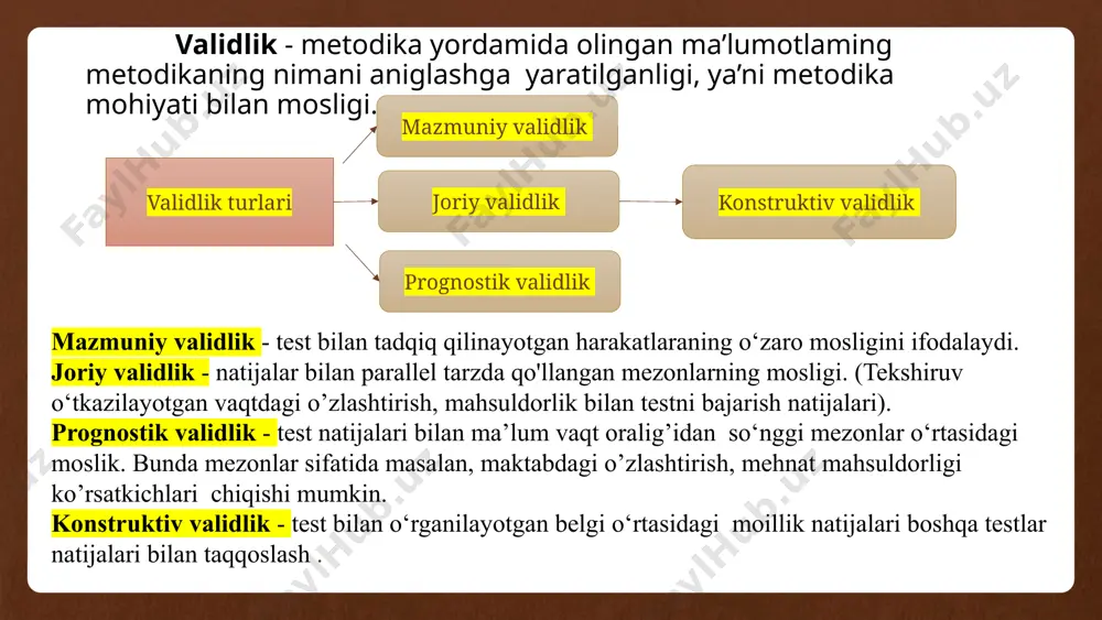 a o’lchanayotgan konstruktlar bitta yoki bir nechtaligiga qarab test bir o’lchamli yoki ko’p o’lchamli bo’lishi mumkin. bir o’lchamli test – faqat bitta konstruktni o’lchash uchun mo’ljallangan test. ko’p o’lchamli test – bir-biriga bog’liq bir qancha konstruktlarni o’lchash uchun mo’ljallangan test. masalan, agar test faqat chet tili gramatikasiga oid bilimlarni tekshirishga qaratilgan bo’lsa, bunday test bir o’lchamli test hisoblanadi. agar chet tili bo’yicha test tinglab tushunish, o’qib tushunish, yozish, gapirish singari bo’limlarni o’z ichiga olsa, bunday test ko’p o’lchamli testlarga misol bo’la oladi, chunki bunda testning har bo’limi bir konstruktni tekshiradi. ko’p o’lchamli testlarda test komponentlari (qismlari) o’rtasidagi bog’liqlikni ko’rish uchun factor tahlili usuli qo’llaniladi. bunda test topshiriqlari qaysi konstruktni tekshirishiga qarab guruhlarga ajratiladi va guruhlar o’rtasidagi bog’liqliklar matematik yo’l bilan tahlil etiladi. test natijalari e’lonqilinganda ham testning umumiy natijasi bilan birga har bir komponent natijasida e’lon qilinadi. masalan, ingliz tilini bilish darajasini baholash uchun mo’ljallangan ielts va toefl imtihonlarida test …