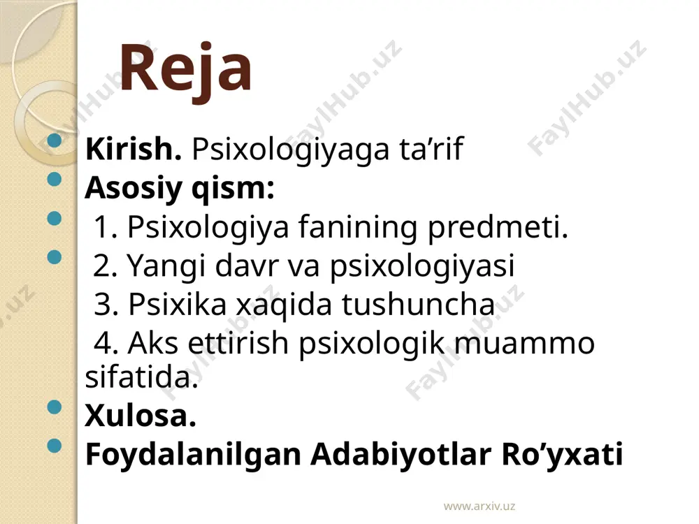 bor: bir tamondan, ularni o’rganish qiyin, ikkinchi tamondan oson xam, oxirgi jixati xusisida shuni aytish mumkinki, bu xodisalar bevosita bizning o’zimizga berilgan, ularni uzoqdan qidirish, mavxum analogiyalar qilish shart emas, boshka bir tamondan, ular o’zaro bir birlari bilan bog’lik va umumiy qonuniyatlar va printsiplarga bo’ysunadi. www.arxiv.uz psixologiyaning predmeti konkret shaxs, uning jamiyatdagi xulq atvori va turli faoliyatlarining uziga xos tamonlaridir, deb ta`riflash mumkin. psixologiya konkert fan sifatida psixik faoliyat qonuniyatlarini, uning ruy berishi mexanizmlari va omillarini urganuvchi fandir. psixologiya yaxlit va mustakil fan sifatida odamlarda gumanistik meitalitetning shakllanishiga xizmat qilib, inson omiliga aloqadorligi uning shu yunalishdagi muammolarni ma`lum ma`noda urganadigan barcha fanlar bilan bevosita aloqasini takoza etadi. www.arxiv.uz yangi davr va psixologiya. psixologiya soxasida mukammal darsliklar yozila boshlangan davrga sal kam 160 yil bo’ldi. shu davr ichida juda ko’plab ilmiy tadqiqot natijalarini o’z ichiga olgan monografiyalar, darsliklar, kullanmalar yozildi. xx asr va uning erishilgan yutuklaridan eng muximi shu bo’ldiki, texnika, …