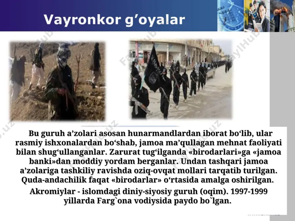 e’tiqodi va buyuk kelajakka ishonchdir: “fidokor” gazetasi muxbiri savollariga javoblar. t.: o‘zbekiston, 2000. 4. karimov i. hushyorlikka da’vat. t.8.-t.: o‘zbekiston, 2000. 5. karimov i.a. vatanimiz tinchligi va xavfsizligi o‘z kuch-qudratimizga, halqimizning hamjihatligiga va bukilmas irodasiga bog‘liq. ikkinchi chaqiriq o‘zbekiston respublikasi oliy majlisining o‘n to‘rtinchi sessiyadagi nutq. 2004 yil. 29 aprel. toshkent. «o‘zbekiston» 2004. 6. karimov i.a. qonun va adolat ustuvorligi faoliyatimiz mezoni bo‘lsin. g‘g‘ surxondaryo viloyat halq deputatlari 7. kengashining navbatdan tashqari sessiyada so‘zlagan nutqi.-“xalq so‘zi” gazetasi, 2004 yil 2 iyun. 8. karimov i.a. yuksak ma’naviyat engilmas kuch. t.: “ma’naviyat” 2008. 9. karimov i.a. “jahon moliyaviy – iqtisodiy inqirozi, o‘zbekiston sharoitida uni bartaraf etish yo‘llari va choralari” t., 2009 y. 10. qaxxorova m. ma’naviy ideal. t., “ma’naviyat” 2008. 11. shodmonqulov a., azizova s, marifatparvarlik ijtimoiy – madaniy hodisa. t., 2009. 12. imom buxoriy. “xadis”. 4-jildlik. toshkent, qomuslar bosh tahririyati, 1992. 13. ergashev i. miliy istiqlol g‘oyasi, darslik tamom