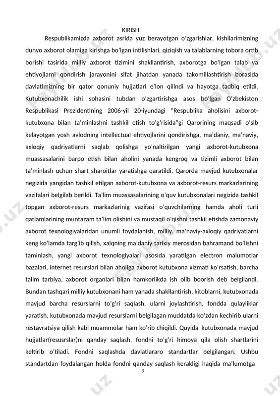 saqlash jahonning barcha xalqlari uchun katta ijtimoiy-madaniy ahamiyatga ega. 1954-yilda yunyesko tashabbusi bilan gaaga shahrida chaqirilgan hukumatlararo konferensiyada madaniy boylikni asrash bo‘yicha konvensiya qabul qildi. ana shu konvensiyaga muvofiq boshqa madaniy boyliklar qatori kutubxona fondlari ham ularni yo‘qotib yuborish yoki biron-bir shaklda qonunsiz o‘zlashtirish xavfi tug‘ilgan hollarda xalqaro himoyaga olinadi. fondlarning to‘kisligiga ularni asrash, to‘gri saqlash hamda shikastlanish omillarini bartaraf qilish orqali erishiladi. fondni asrash deganda, kutubxona fondlari profilaktikasi hamda uning to‘kisligini muhofazalashga oid tadbirlar majmui tushuniladi. to‘g‘ri saqlash – bu fondni qulay fizikaviy-ximiyaviy sharoitlar va biologik rejimda maxsus jihozlangan binoda asrash demakdir. 1962-yilda barcha kutubxonalar uchun majburiy bo‘lgan “kitob fondlarining saqlanishi to‘g‘risida yo‘riqnoma” qabul qilindi. shunga qaramasdan, fondlarni saqlash muammosi haligacha hal qilingani yo‘q. shuning uchun fondlarni uzoq saqlash qoidalarini bilish katta ahamiyat kasb etadi. kutubxonalarni birinchi navbatda zamonaviy binolarga joylashtirish lozim. shinam, keng, yorug‘, kitob saqlash uchun zarur bo‘lgan barcha sharoitlari mavjud maxsus binolar hozirgi kunda ko‘plab kutubxonalar …