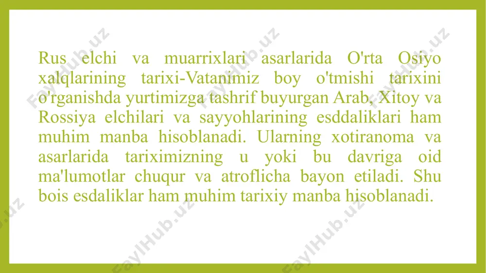 kelib yiqqan axborotlari, 1800-yil toshkent hokimi yunusxoʻja chaqiruviga ko'ra kelgan burnashev va pospelovlarning xotiralari, f.nazarovning 1813-1814-yillarda qo'qonga qilgan safari haqidagi xisobotlari shular jumlasidandir shuningdek, buxoroda boʻlib „to'qqiz yillik sayohati" nomli kitob yozgan filip yefremov, xix asrning boshlarida buxoro amirligiga tashrif buyurgan e.n. yeversian, ruhoniy budrin esdaliklari, n.v.xakimov, n.potanin esdaliklari, x.vamberining o'rta osiyo ocherklari" kitobi ko'rilayotgan davrni tadqiq etishda muhim manbalar sirasiga kiradi. e'tiborga loyiq tomoni shundaki rus va yevropa sayyohlarining yozib qoldirgan asarlari yoki orginal xarakterga ega bo'lib ularda mahalliy xalq hayoti va turmushining maishiy tomonlari yaxshi yoritilgan. xx asr boshlarida yirik rus sharqshunoslari yangi ochilgan sharqshunoslik markazlarida ish olib bordilar. n.ya. marr, s.f. oldenburg, f.i. sherbatskoy, b.ya. vladimirsov, v. v. bartold, i. yu. krachkovskiy, v.v. struve va boshqalar qimmatli asarlar yaratdilar. 1930-yil osiyo muzeyi va boshqalar sharqshunoslik tashkilotlari asosida sssr fanlar akademiyasi sharqshunoslik instituti tuzildi. sssr fanlar akademiyasi va respublikalar fanlar akademiyalari tizimlarida sharqshunoslik muammolarini o'rganuvchi yangi markazlar (sssr …