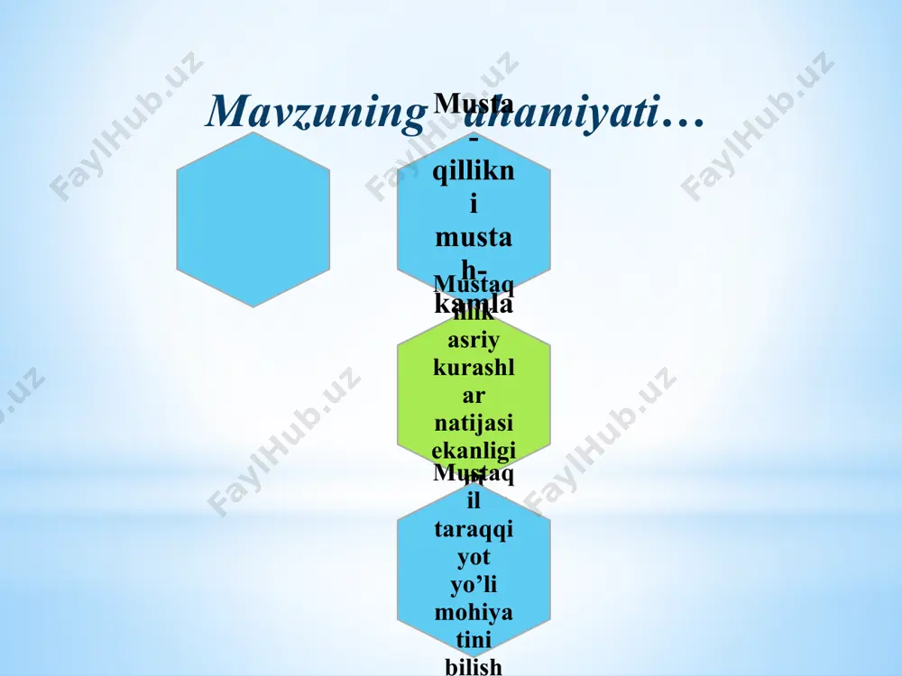 h mulkdorlar orasida sog’lom raqobat muhitini yaratish mulkdorlar sinfini shakllantirish o‘zbekiston respublikasida davlat hokimiyati organlarining ko‘rinishi: - qonun chiqaruvchi - ijro etuvchi; - sud hokimiyati; - ommaviy axborot vositalari. 2016 yil 4 dekabrda o’zbekiston respub-likasi prezidentligiga bo’lgan saylovda sh.m.mirziyoev o’zbekiston respub-likasi prezidentligiga saylandi 1.каримов и.а.тарихий хотирасиз келажак йўқ. т.:шарқ, 1998 2.karimov i.a. yuksak ma’naviyat-engilmas kuch. t.:ma’naviyat, 2008 3.karimov i.a. o’zbekiston mustaqillikka erishish ostonasida. t.:o’zbekiston, 2011 4.allen g. “avicenna: his life and works”. 1958, london. 5.левитин л.узбекистан на историческом повороте http royallib.ru 6.жўраев н ва бошқалар. ўзбекистон мустақиллик йилларида. 3-китоб.т.:шарқ, 2001 7. usmonov k, sodikov h, burhonova s. ozbekiston tarixi. t.: moliya-iqtisod,2006 8. www.history.ru. 9. www.gov.uz adabiyotlar e’tiboringiz uchun rahmat! image1.gif image2.png image3.png image4.jpeg image5.jpeg image6.jpg image7.jpg image8.jpg image9.jpg image10.jpg media1.wmv image11.png image15.jpeg media2.wmv image16.png image17.jpeg image18.png image19.jpeg image20.jpeg image21.jpeg image22.jpeg image23.png image24.jpeg image25.jpeg image26.jpeg image27.jpeg /docprops/thumbnail.jpeg