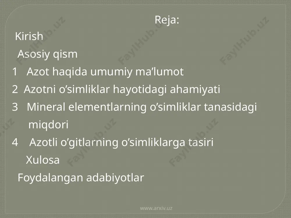 nafas yo’li orqali orqaga qaytaramiz. biroq atmosferada azotning mavjudligi sababli biz kislorodni haddan ziyod qabul qilmaymiz. kislorodning ozligi inson uchun qanchalik xavfli bo’lsa, uning me'yordan ortiqchaligi ham shu qadar xavflidir. boshqa jonzotlar to’grisida gapiradigan bo’lsak, ular ham azotni turli boshqa elementlar bilan birikmalar holida qabul qiladi: o’simliklar — tuproqdan, hayvonlar — o’simliklardan, yoki boshqa hayvonlardan o’zlashtiradi. azot boshqa elementlar bilan katta qiyinchiliklarga uchrab o’zaro ta'sirga kirishadi. masalan, tabiatdagi kislorod bilan biz nafas olar ekanmiz, havo tarkibida mavjud azotni ham qabul qilamiz. biroq azot, kisloroddan farqli ularoq, bizning o’pkamiz tomonidan o’zlashtirilmaydi va shu boisdan uni shunchaki nafas yo’li orqali orqaga qaytaramiz. biroq atmosferada azotning mavjudligi sababli biz kislorodni haddan ziyod qabul qilmaymiz. kislorodning ozligi inson uchun qanchalik xavfli bo’lsa, uning me'yordan ortiqchaligi ham shu qadar xavflidir. boshqa jonzotlar to’grisida gapiradigan bo’lsak, ular ham azotni turli boshqa elementlar bilan birikmalar holida qabul qiladi: o’simliklar — tuproqdan, hayvonlar — o’simliklardan, yoki boshqa hayvonlardan …