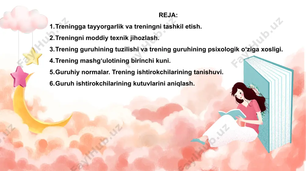 , degan xulosaga kelish noto’g’ri. oddiy jihozlanmagan xonada ham guruh a’zolarini doira shaklida joylashtirilgan stullar qo‘yib yoki yerga gilam solingan holda o’tirib ham trening mashg’ulotlarini olib borilishi mumkin bo’ladi. treningga tayyorgarlik va treningni tashkil etish. har bir ishtirokchi xonada o‘zini erkin his etishi uchun lozim bo’lgan barcha sharoitlaming bo’lishi treningni samarastni ta’minlovchi omillardan biri hisoblanadi. shuni hisobga olgan holda trening mashg'ulotlan o’tkaziladigan joy shinam, keng, erkin harakatlanishga mo’ljallangan, kerakli anjomlar bilan jihozlangan bo’lishi tavsiya etiladi. xonaning bir qismida dumaloq shaklda qo’yilgan stullar, bir qismida yumshoq mebel o’rindiqlari, 2-3 dona stol, akvarium, devorda 1-2 dona manzarali tasvir aks ettirilgan rasmlar, imkon darajasida gullar bo’lishi tavsiya etiladi. bulardan tashqari mashg’ulot jarayonida foydalanish uchun magnitofon, televizor, videopleer, proektor, kompyuter jihozlari bo’lishi ha’m lozim. xonada ishtirokchilaming orasiga to‘siq bo’ladigan ortiqcha jihozlar (stol, stullar) bo’imasligi maqsadga muvofiqdir. trening o’tkaziladigan xona albatta izolyatsiyalangan (ajratilgan) bo‘lishi shart, ya’ni begona shaxslar ularni bezovta qilmasligi va ular ham boshqalarga …