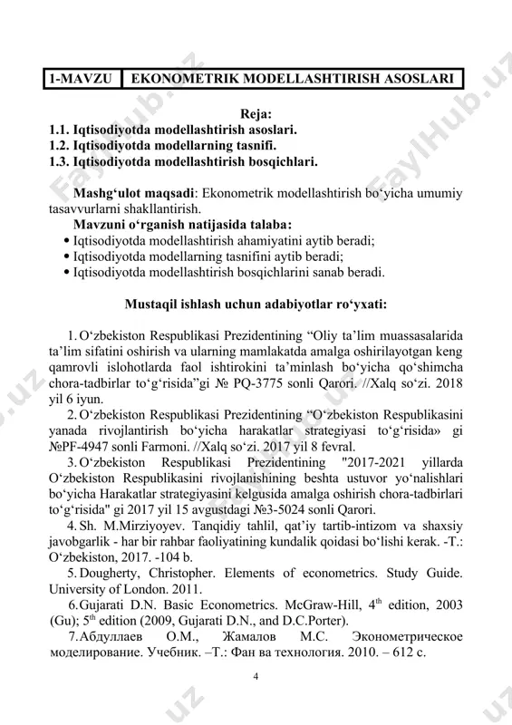alashtirilgan formal tasvirlaridan foydalaniladi. iste’mol tanlovi modellari, firma modellari, iqtisodiy o‘sish modellari, tovar va moliya bozorlaridagi muvozanat modellari va boshqa ko‘p modellar iqtisodiy modellarga misol bo‘ladi. iqtisodiyotda matematik model - bu iqtisodiy ob’ektlar yoki jarayonlarni tahlil qilish yoki boshqarish maqsadida ularning matematik tasvirlanishi, ya’ni iqtisodiy masalaning matematik yozuvi. iqtisodiy ob’ektning matematik modeli - bu uning funksiyalar, tenglamalar, tengsizliklar, mantiqiy munosabatlar, grafiklar majmuasi ko‘rinishidagi aks ettirilishi. bunday aks ettirish o‘rganilayotgan ob’ekt elementlarining munosabatlari to‘plamini model elementlarining shunga o‘xshash munosabatlariga birlashtiradi. iqtisodiy-matematik modelllarni amaliyotda qo‘llash usullari iqtisodiy-matematik usullar deb ataladi. iqtisodiy-matematik usullar (imu) iqtisodiyotni o‘rganish uchun birlashtirilgan iqtisodiy va matematik fanlarning birlashmasidir. bu tushuncha fanga xx asrning 60-yillarida akademik v.s.nemchinov tomonidan kiritilgan bo‘lib imu iqtisodiyot, matematika va kibernetikaning tutashishida hosil bo‘lgan. 1.2. iqtisodiyotda modellarning tasnifi modellashtirish va modellar o‘zining turli sohalardagi tadbiqlariga qarab, moddiy va abstrakt kabi sinflarga bo‘linadi. moddiy modellar asosan o‘rganilayotgan ob’ekt va jarayonni geometrik, fizik, dinamik yoki funksional tavsiflarini …