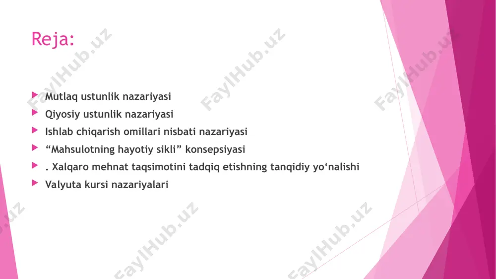 ko‘rgan holda tashqi savdoda ishtirok etadi. muayyan tovarni ishlab chiqarish bir mamlakat uchun boshqa mamla-katlarga nisbatan qulayroq bo‘lishi mumkin. mamlakatlar xarajatlarni hisobga olgan holda u yoki bu mahsulotlarni ish-lab chiqarishga ixtisoslashishi kerak. eli xeksher (1879-1952) bertil olin (1899-1979) ishlab chiqarish omillari nisbati nazariyasi savdo qilayotgan mamlakatlarda ishlab chiqarish omillari kombinatsiyasi umuman o‘xshash bo‘lgan sharoitda xarajatlar darajasidagi farq asosan ularning ishlab chiqarish omillari bilan ta’minlanligiga bog‘liq; tadqiqotda tashqi savdo xarajatlari nafaqat tabiiy sharoitlardagi farq bilan, balki savdo ishtirokchilari ta’minlangan har xil omillar narxi bilan ham aniqlanadi. bir xil omillar ortiqcha, boshqa bir omillar yetishmaydi. bir turdagi omillarning narxi nisbatan yuqori, boshqa turdagi omillarning – narxi nisbatan past. omillarning narxi ularning kamyobligi bilan aniqlanadi: odatda, tanqis omillar – qimmat, ortiqcha omillar - arzon. agar mamlakatda qandaydir bir omil boshqa omillarga nisbatan ortiqcha bo‘lsa, masalan, arzon ishchi kuchi ko‘p bo‘lsa, unda bu mamlakat mehnattalab mahsulotlarni (to‘qimachilik, kiyim-kechak va b.) ishlab chiqarishga va ularning …