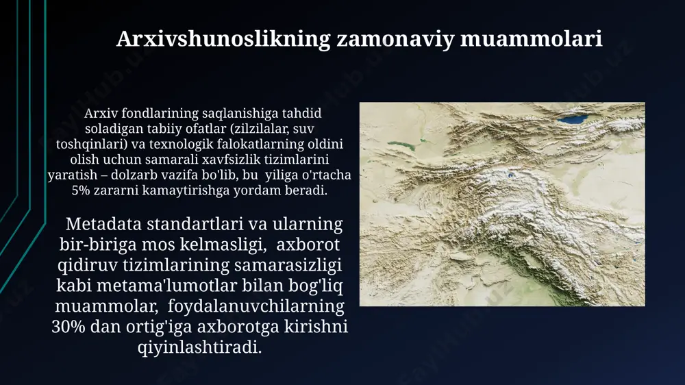 temuriylar davrida mirzo ulug‘bekning samarqanddagi rasadxonasi katta hajmdagi astronomik kuzatishlar va hisobotlar arxivini saqlagan bo‘lib, minglab qo‘lyozma hujjatlarni o‘z ichiga olgan. temuriylar davlatining markaziy arxivida 15-asrda hujjatlarning maxsus ro‘yxatga olinishi va tizimli saqlanishi yo‘lga qo‘yilgan, bu esa davlat boshqaruvi samaradorligini oshirishga xizmat qilgan. hududiy arxivlarning faoliyati hududiy arxivlarda saqlanayotgan 1 millionlab hujjatlar orasida, mahalliy aholi hayoti, iqtisodiyot va madaniyatga oid noyob fotosuratlar, xatlar va boshqa manbalar mavjud. mustaqillikdan keyin hududiy arxivlarning faoliyati kengaydi, ularning soni oshdi va 50 dan ortiq yangi arxivlar tashkil etildi, bu esa hujjatlarga kirish imkoniyatini yaxshiladi. markaziy osiyodagi arxivlarning kelajagi markaziy osiyo arxivlarining kelajagi raqamlilashtirish va keng miqyosli onlayn kataloglar yaratish orqali 10 yil ichida 50% ga o'sishi mumkin. mintaqada arxivlarning xalqaro hamkorliklari soni 2030 yilga kelib 15 tadan kamida 25 taga yetishi va madaniy merosimizni global miqyosda targ'ib qilishi mumkin. buxoro va samarqanddagi kutubxona va arxivlar buxoro amirligi davrida (16-19-asrlar) rasmiy arxivlar hujjatlarni, shuningdek, soliq, …